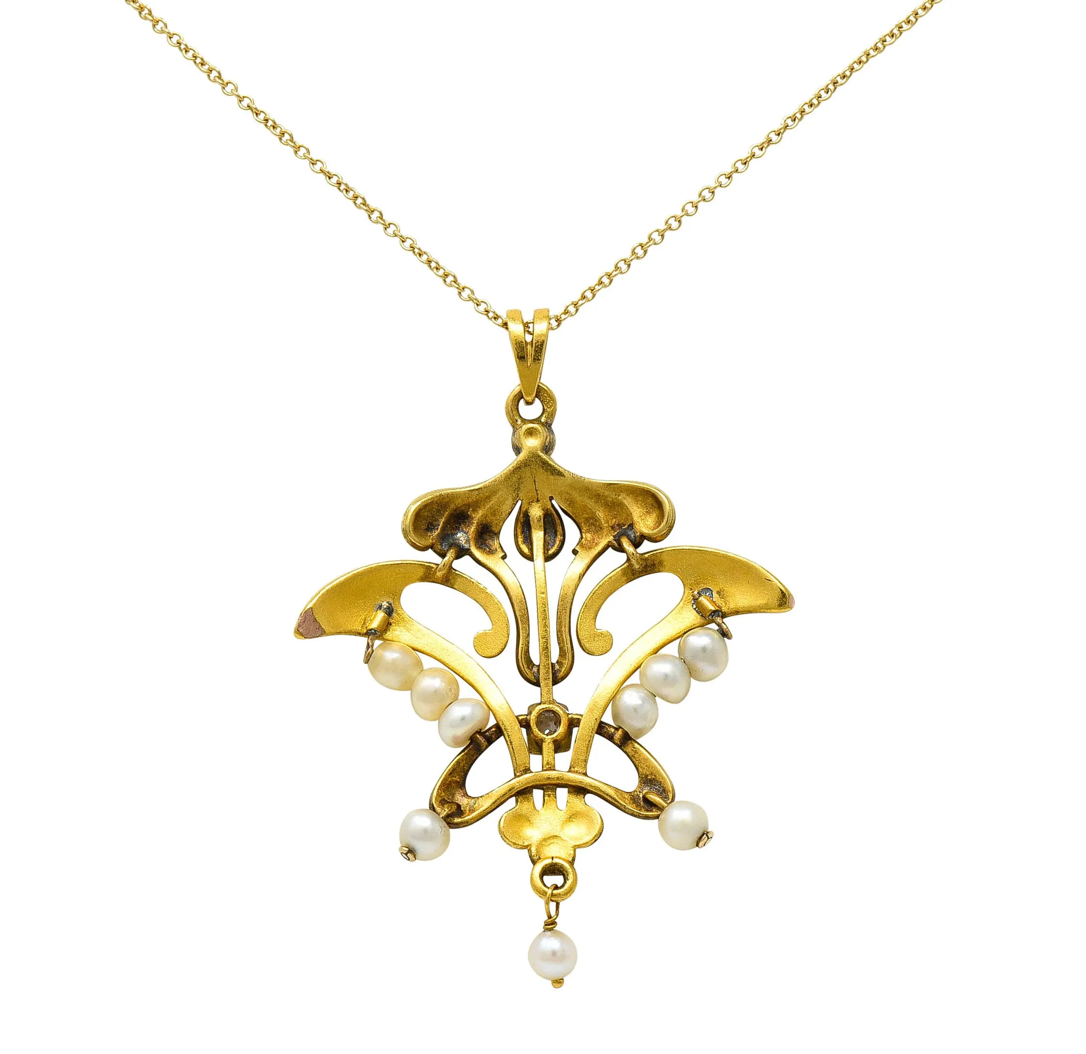 Art Nouveau Diamond Pearl 14 Karat Tri-Colored Gold Whiplash Pendant Necklace