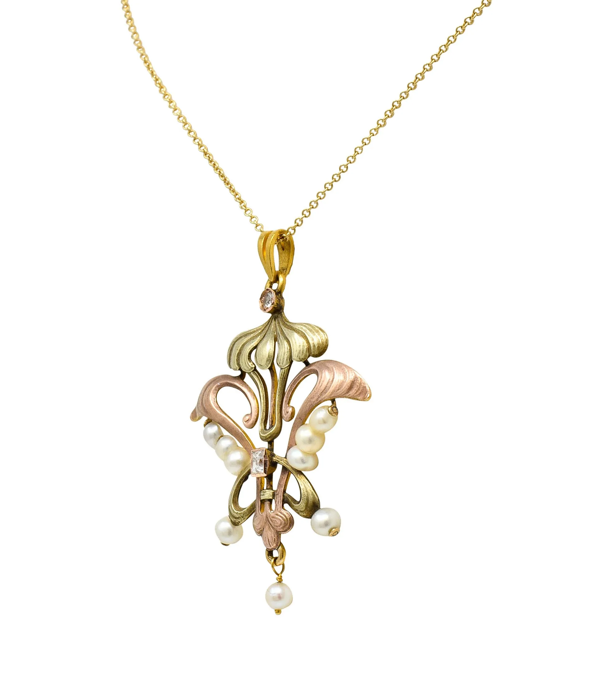 Art Nouveau Diamond Pearl 14 Karat Tri-Colored Gold Whiplash Pendant Necklace