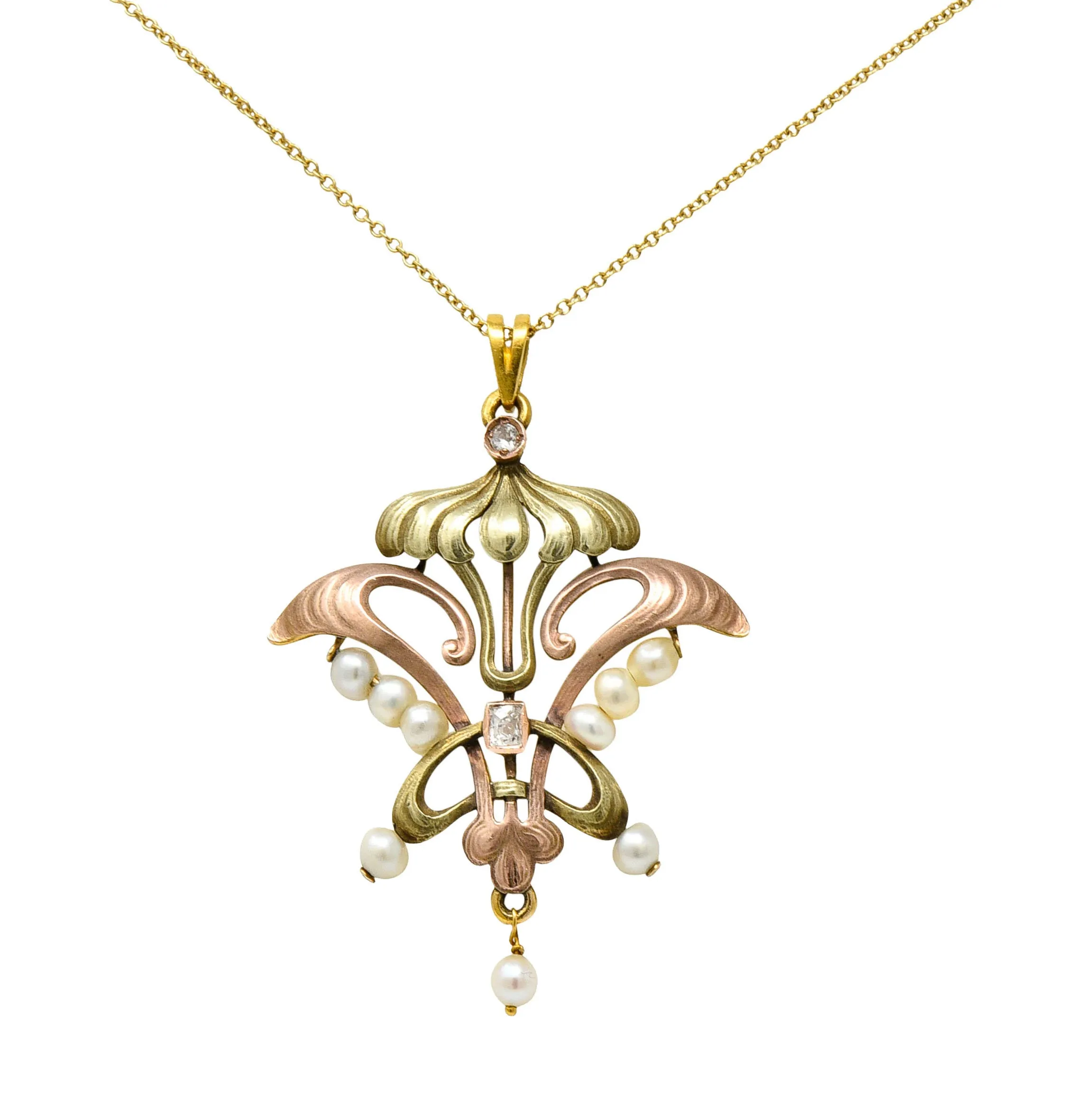 Art Nouveau Diamond Pearl 14 Karat Tri-Colored Gold Whiplash Pendant Necklace