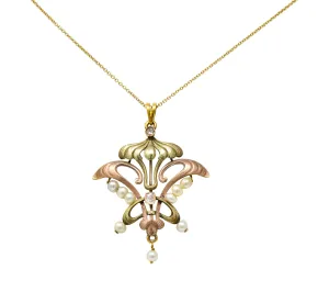 Art Nouveau Diamond Pearl 14 Karat Tri-Colored Gold Whiplash Pendant Necklace