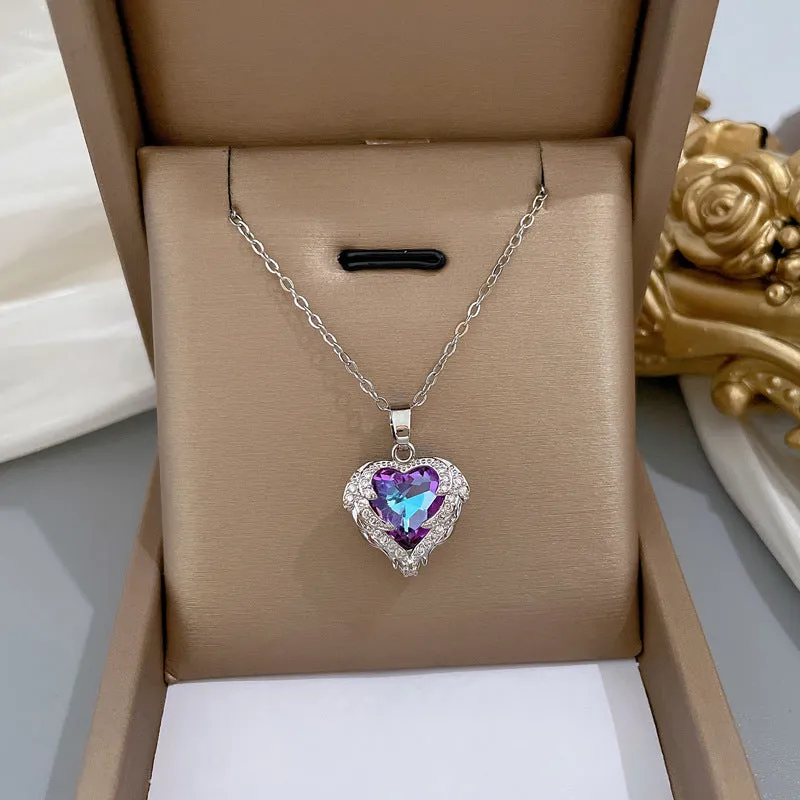 Aurora Borealis Crystal Heart Pendant Necklace, Crystal AB Gem Heart Charm Silver Chain Fashion Necklace