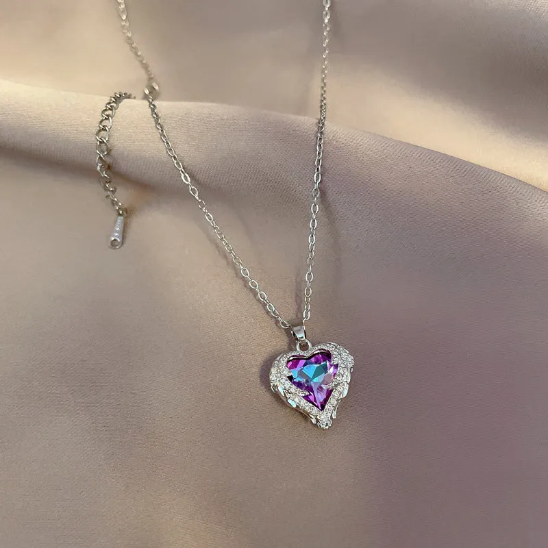 Aurora Borealis Crystal Heart Pendant Necklace, Crystal AB Gem Heart Charm Silver Chain Fashion Necklace
