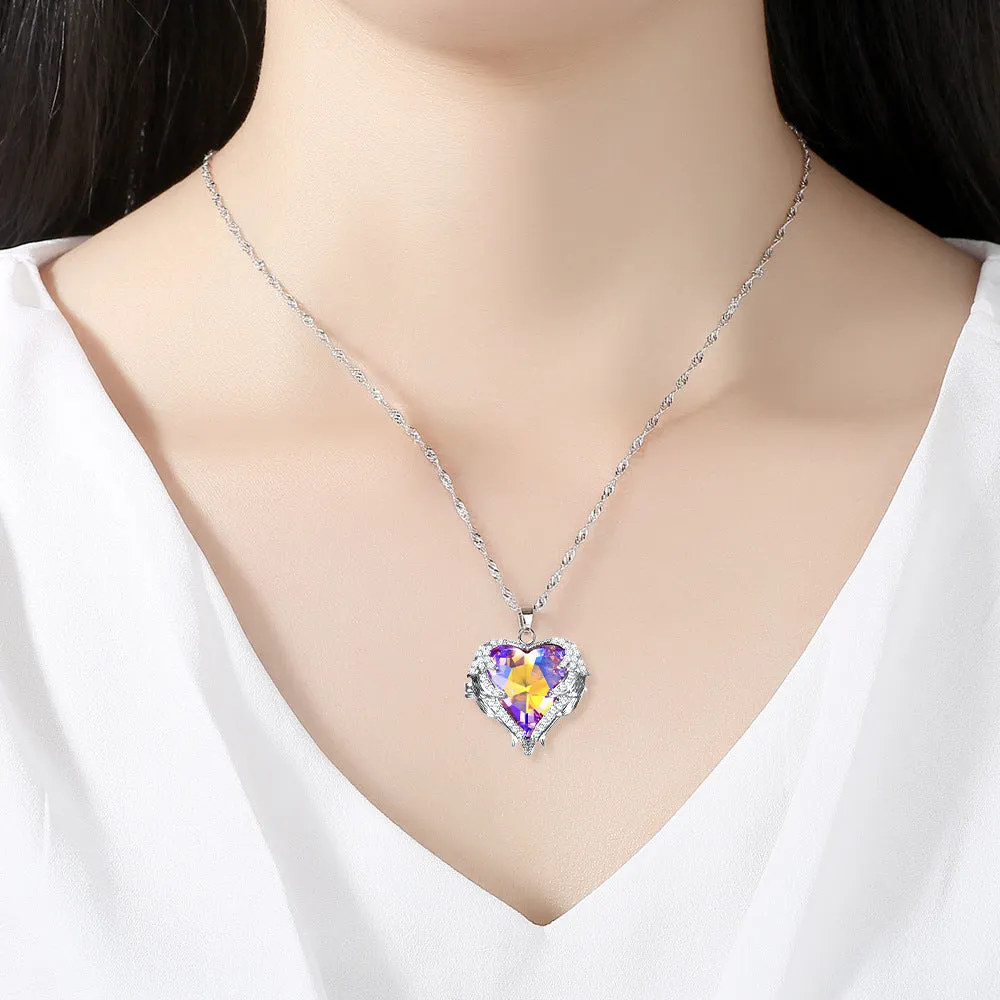 Aurora Borealis Crystal Heart Pendant Necklace, Crystal AB Gem Heart Charm Silver Chain Fashion Necklace
