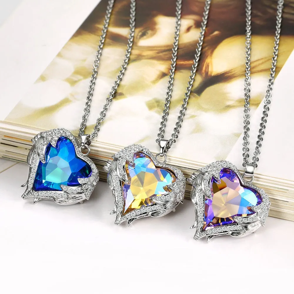 Aurora Borealis Crystal Heart Pendant Necklace, Crystal AB Gem Heart Charm Silver Chain Fashion Necklace