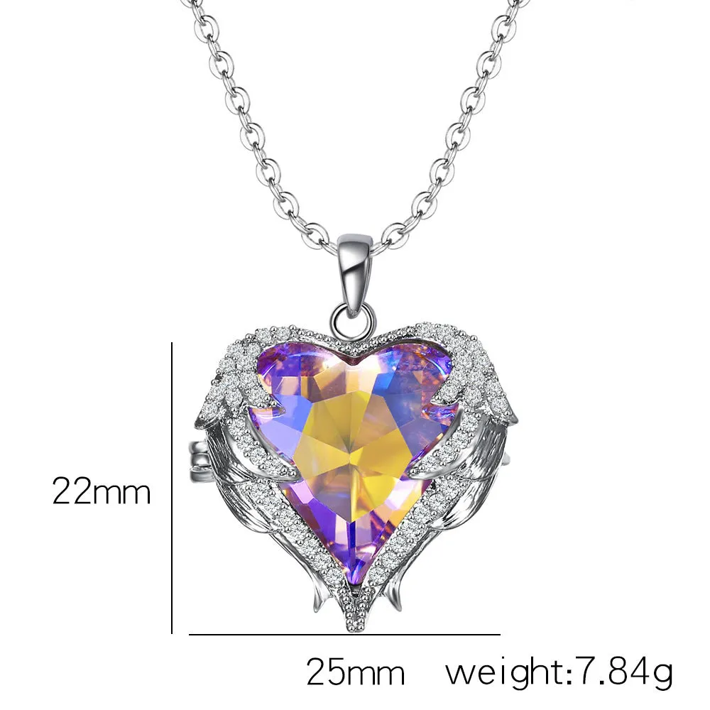 Aurora Borealis Crystal Heart Pendant Necklace, Crystal AB Gem Heart Charm Silver Chain Fashion Necklace