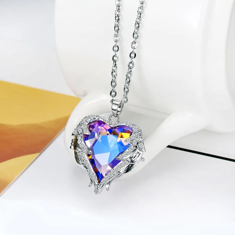 Aurora Borealis Crystal Heart Pendant Necklace, Crystal AB Gem Heart Charm Silver Chain Fashion Necklace