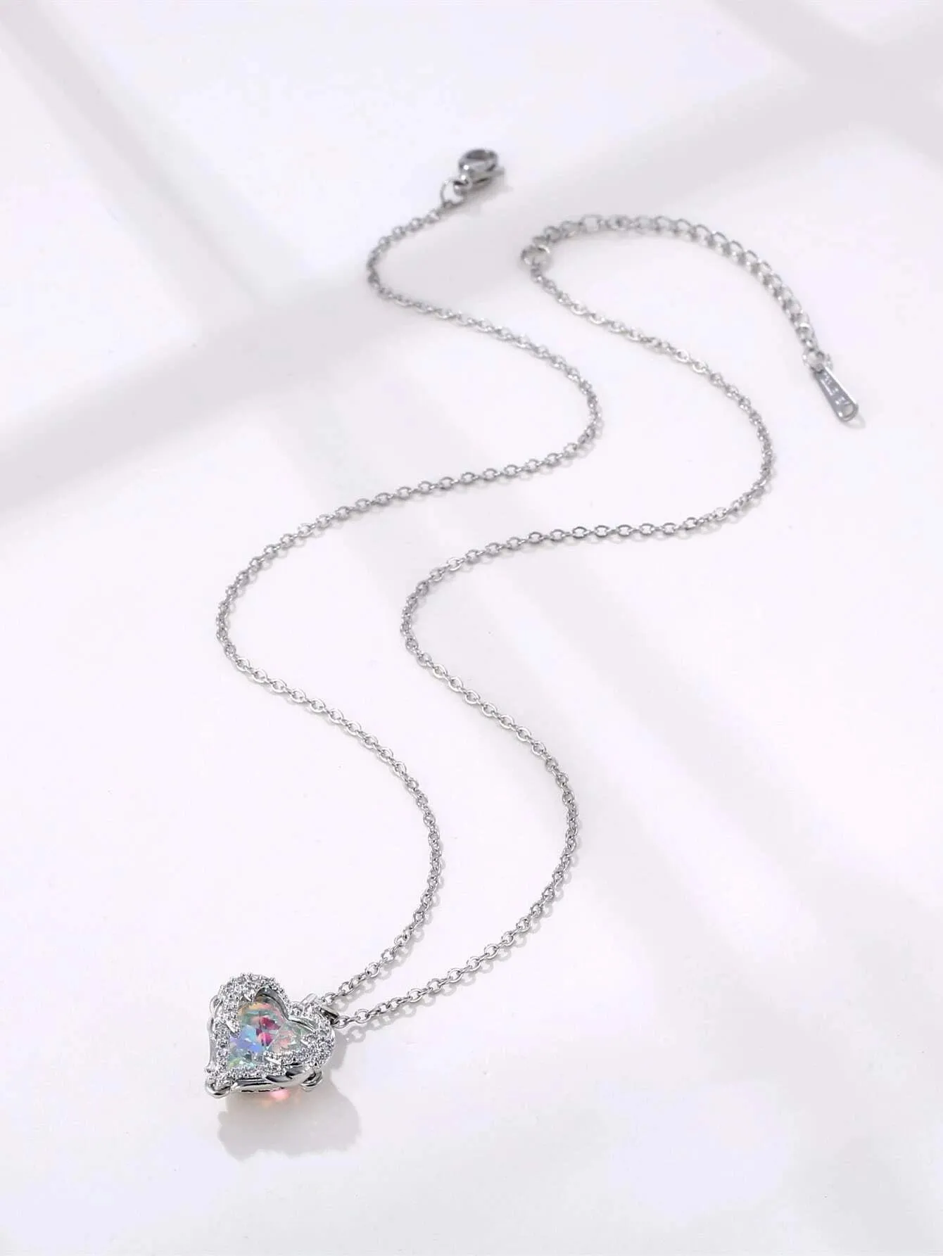 Aurora Borealis Crystal Heart Pendant Necklace, Crystal AB Gem Heart Charm Silver Chain Fashion Necklace