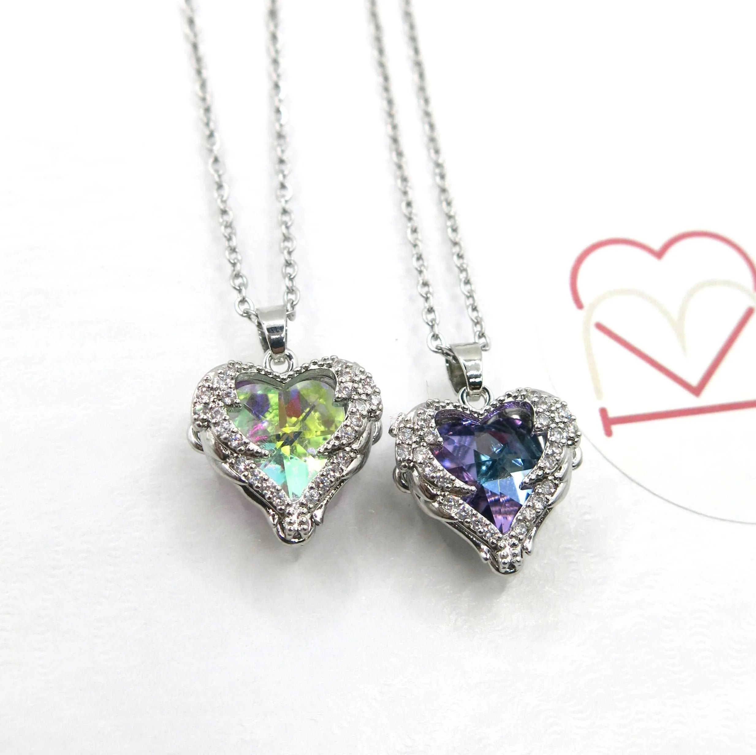 Aurora Borealis Crystal Heart Pendant Necklace, Crystal AB Gem Heart Charm Silver Chain Fashion Necklace
