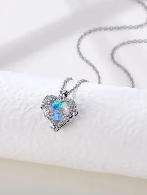 Aurora Borealis Crystal Heart Pendant Necklace, Crystal AB Gem Heart Charm Silver Chain Fashion Necklace