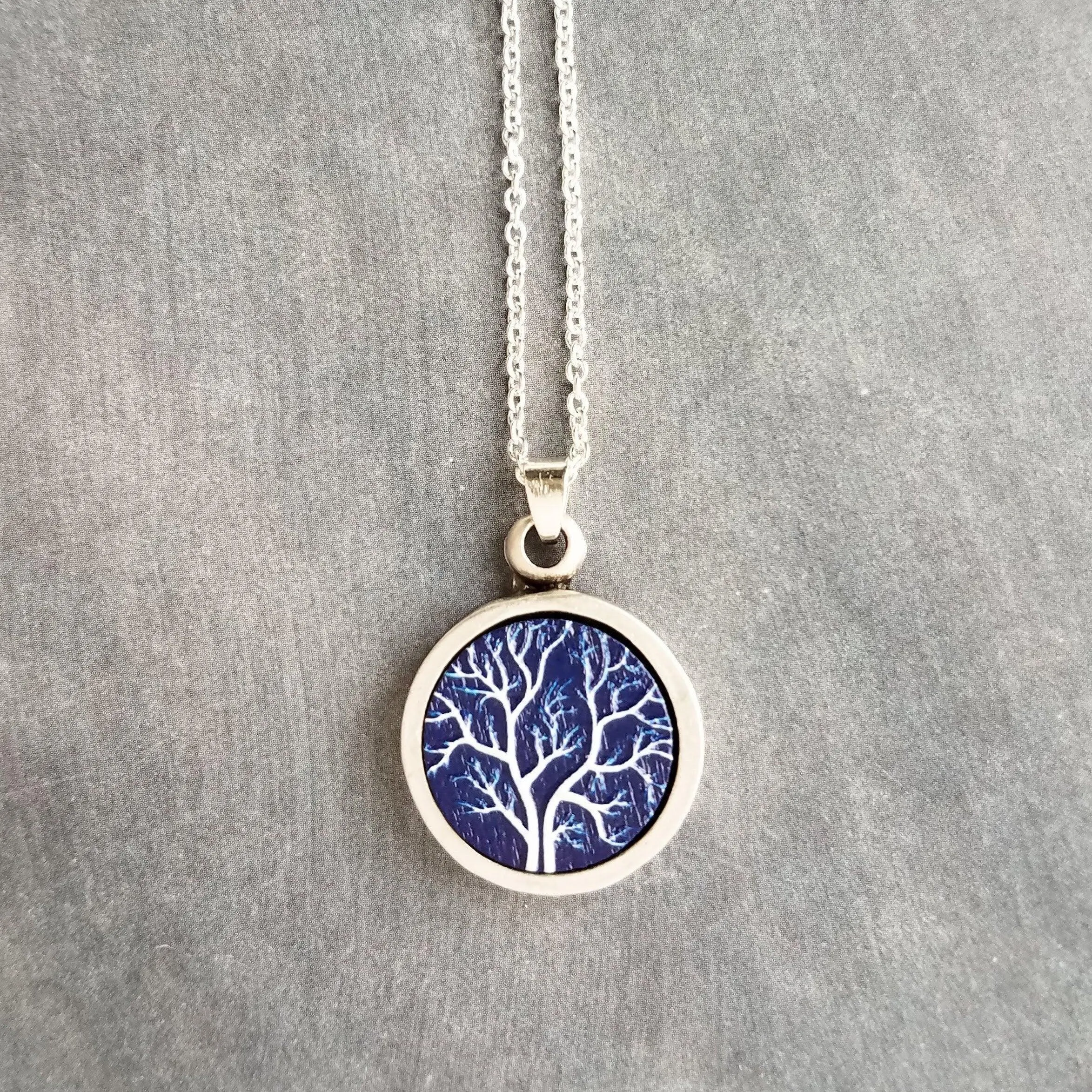 Bare Tree Necklace, navy blue white necklace, tree pendant, silver tree necklace, silver chain, round pendant necklace, autumn midnight tree