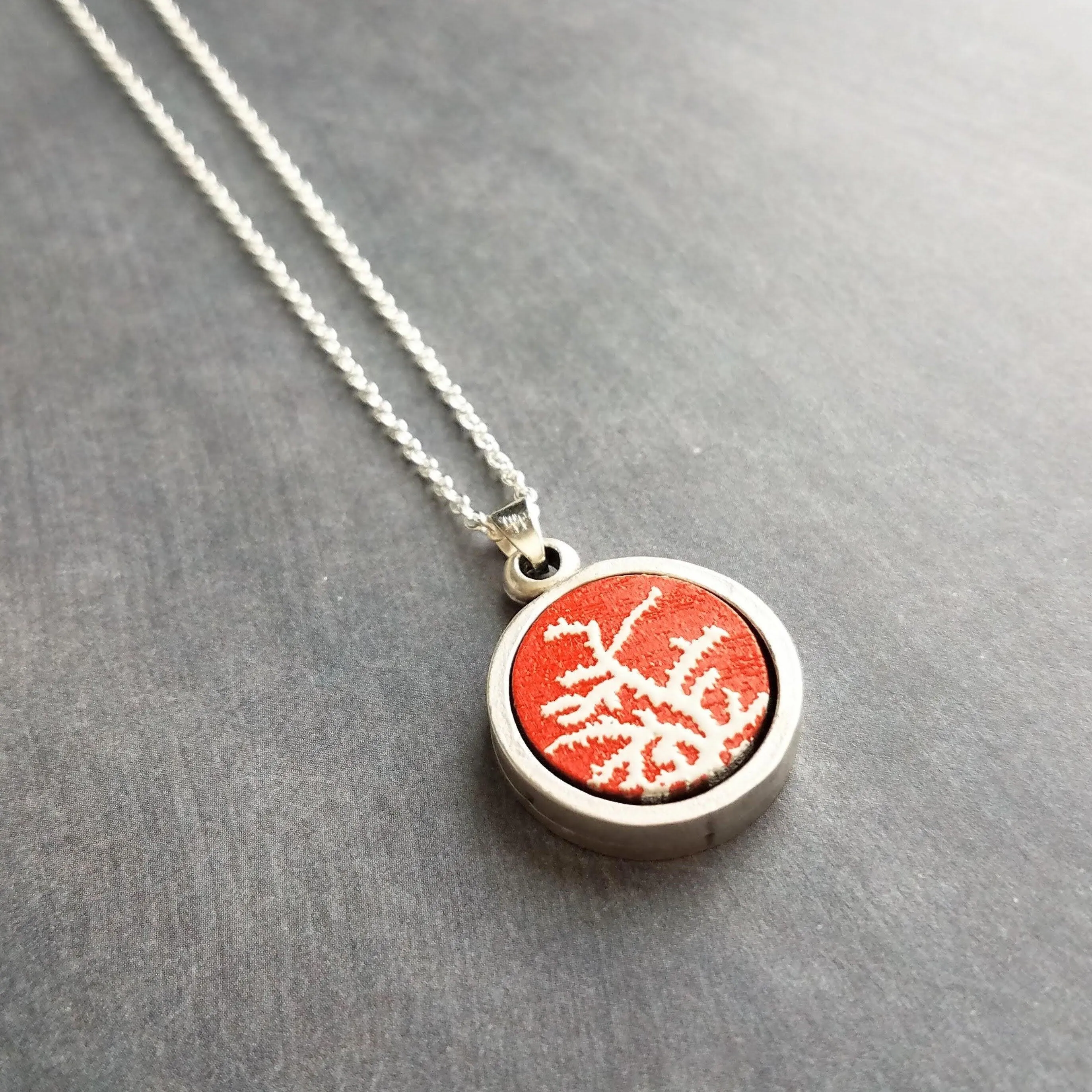 Bare Tree Necklace, navy blue white necklace, tree pendant, silver tree necklace, silver chain, round pendant necklace, autumn midnight tree