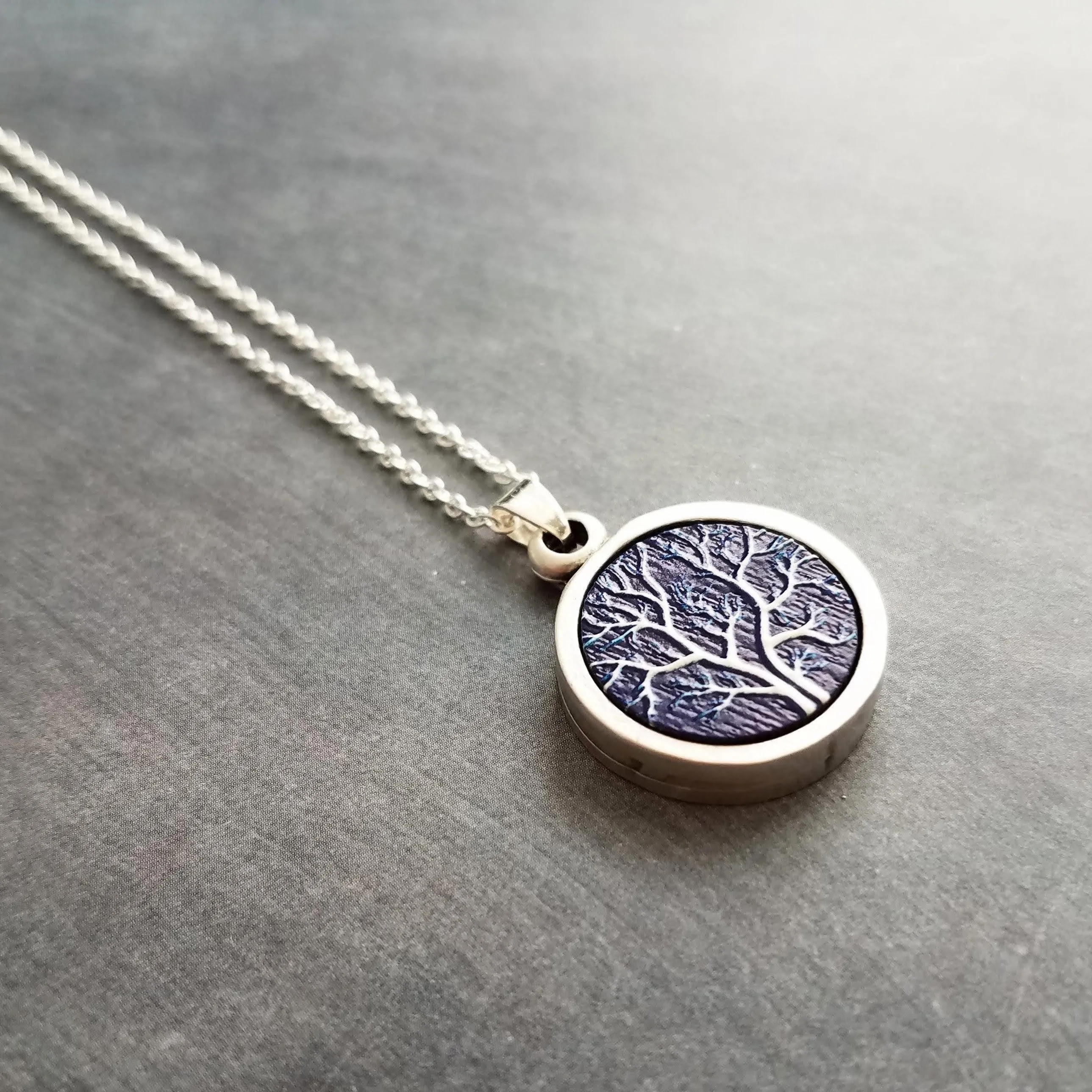 Bare Tree Necklace, navy blue white necklace, tree pendant, silver tree necklace, silver chain, round pendant necklace, autumn midnight tree