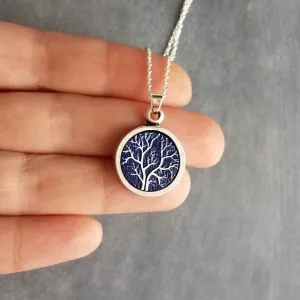 Bare Tree Necklace, navy blue white necklace, tree pendant, silver tree necklace, silver chain, round pendant necklace, autumn midnight tree