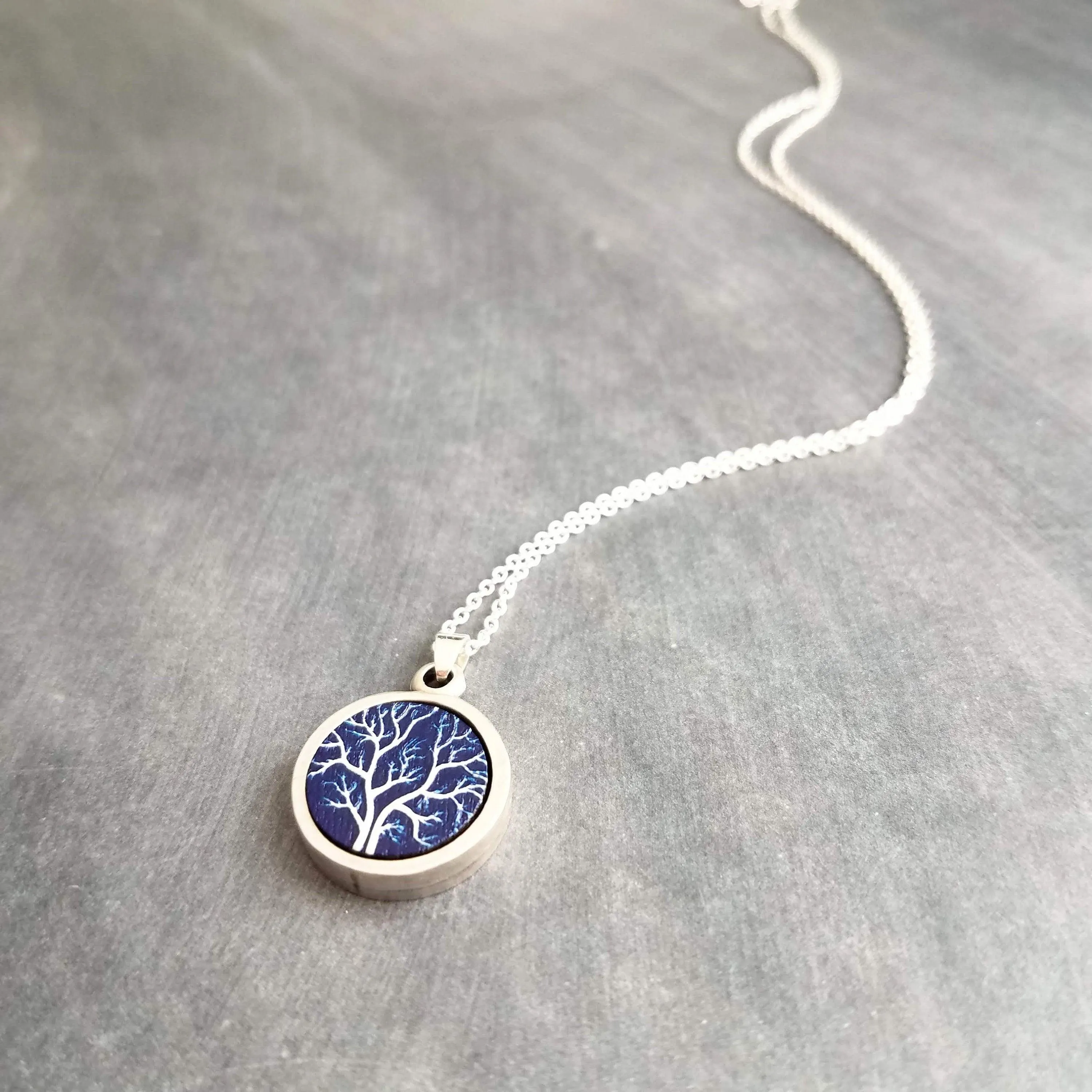 Bare Tree Necklace, navy blue white necklace, tree pendant, silver tree necklace, silver chain, round pendant necklace, autumn midnight tree