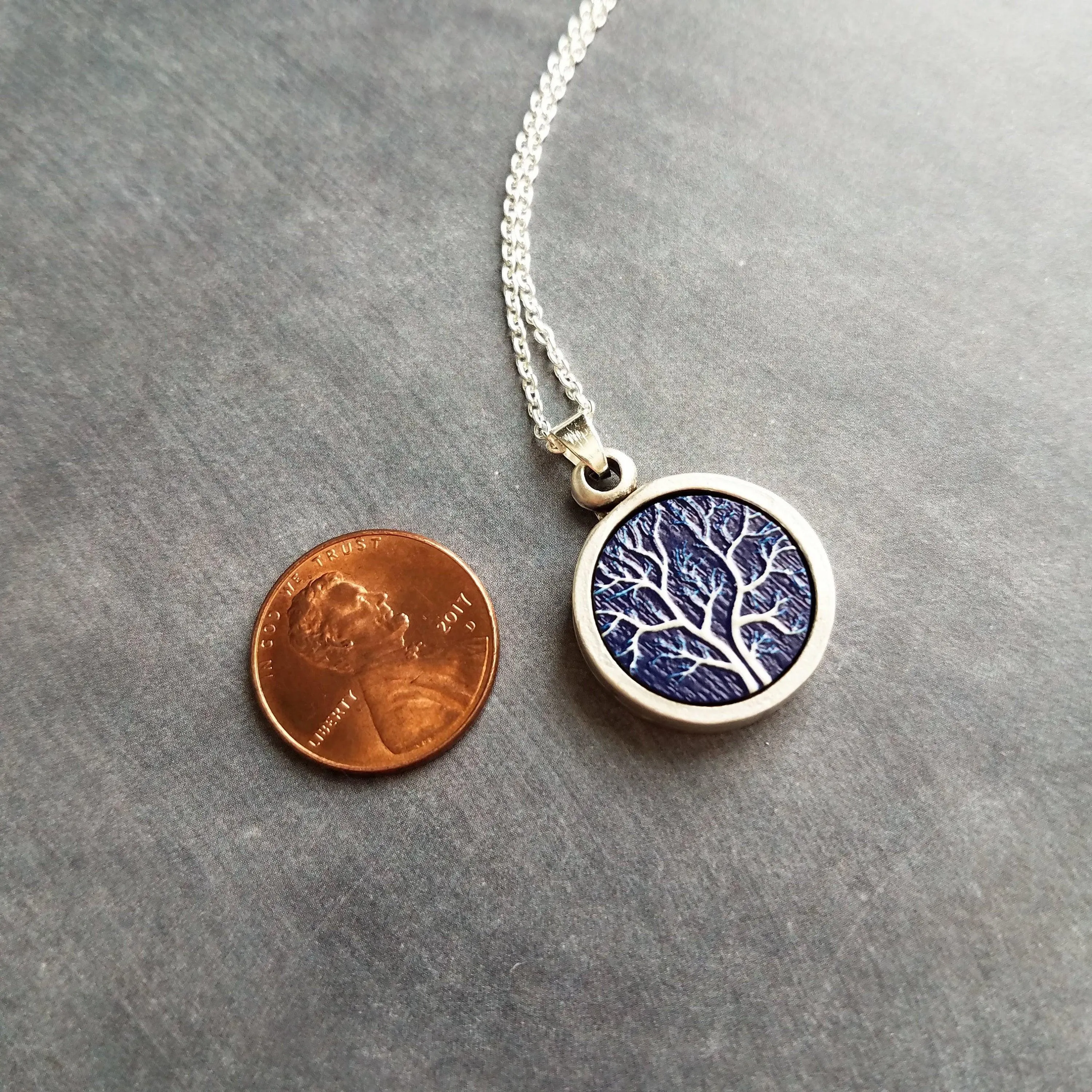 Bare Tree Necklace, navy blue white necklace, tree pendant, silver tree necklace, silver chain, round pendant necklace, autumn midnight tree