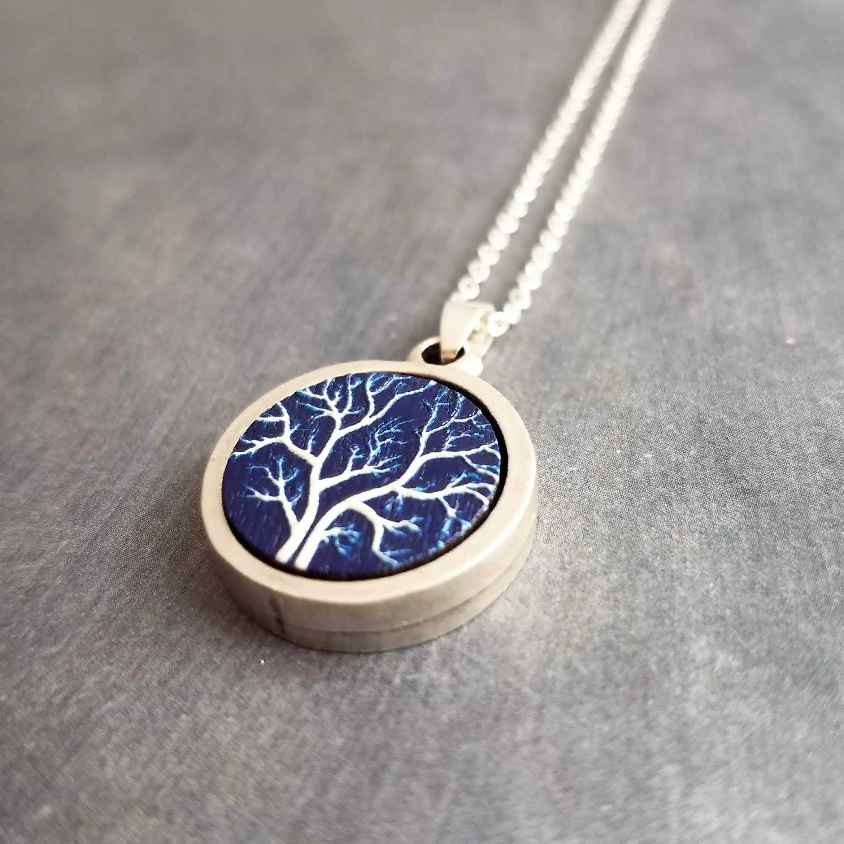 Bare Tree Necklace, navy blue white necklace, tree pendant, silver tree necklace, silver chain, round pendant necklace, autumn midnight tree