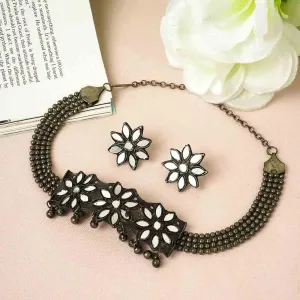 Beaded Mirror Flower Choker Set