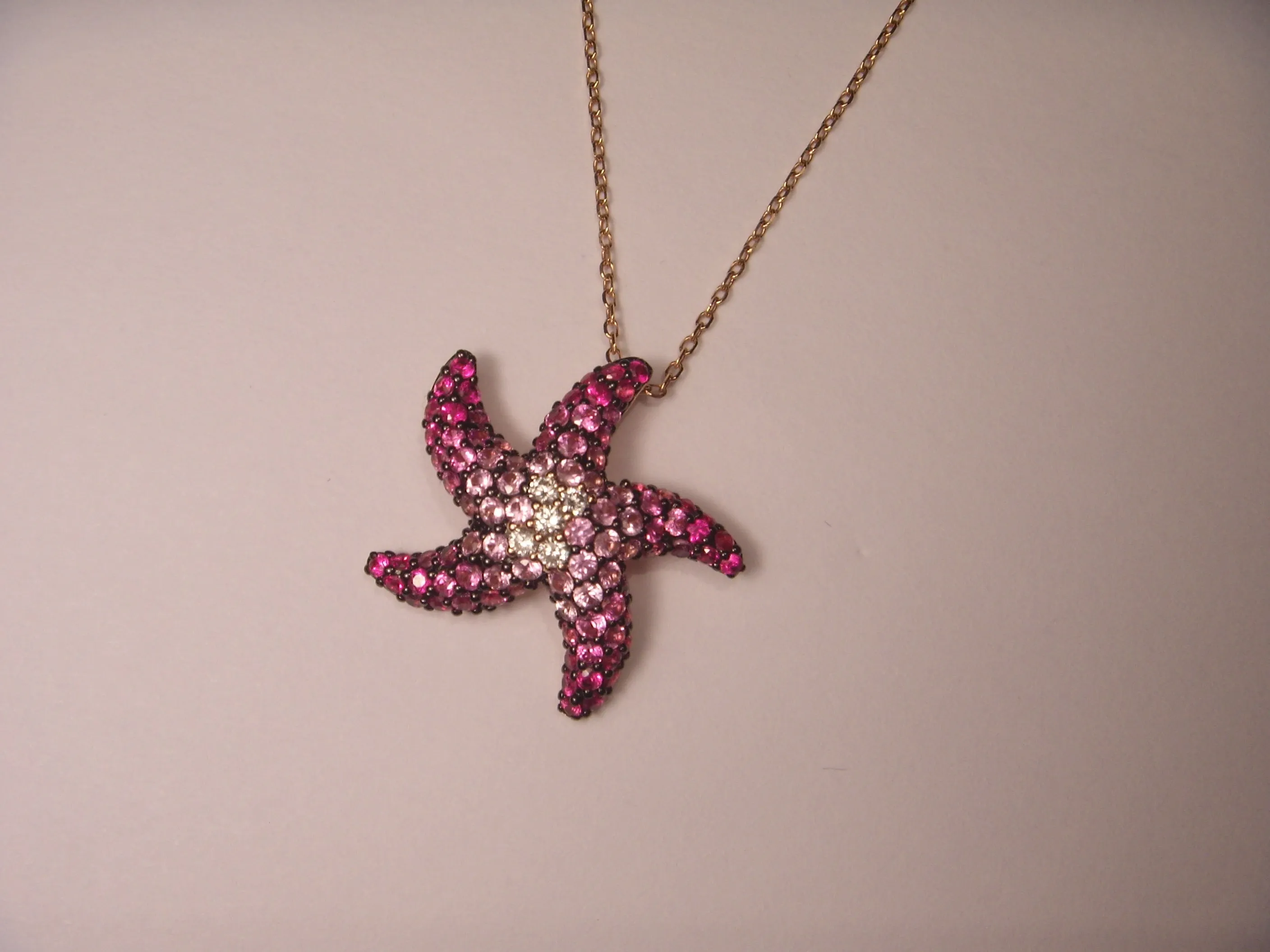 Beautiful 14K Rose Pink Gold Diamond Sapphire Starfish Pendant Necklace