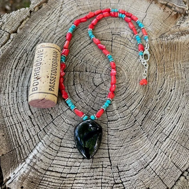 Black agate pendant necklace with red coral and turquoise