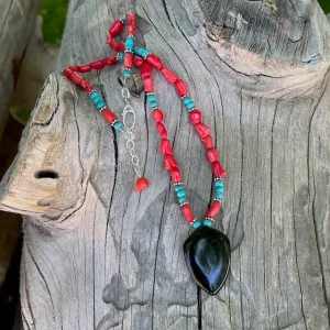 Black agate pendant necklace with red coral and turquoise