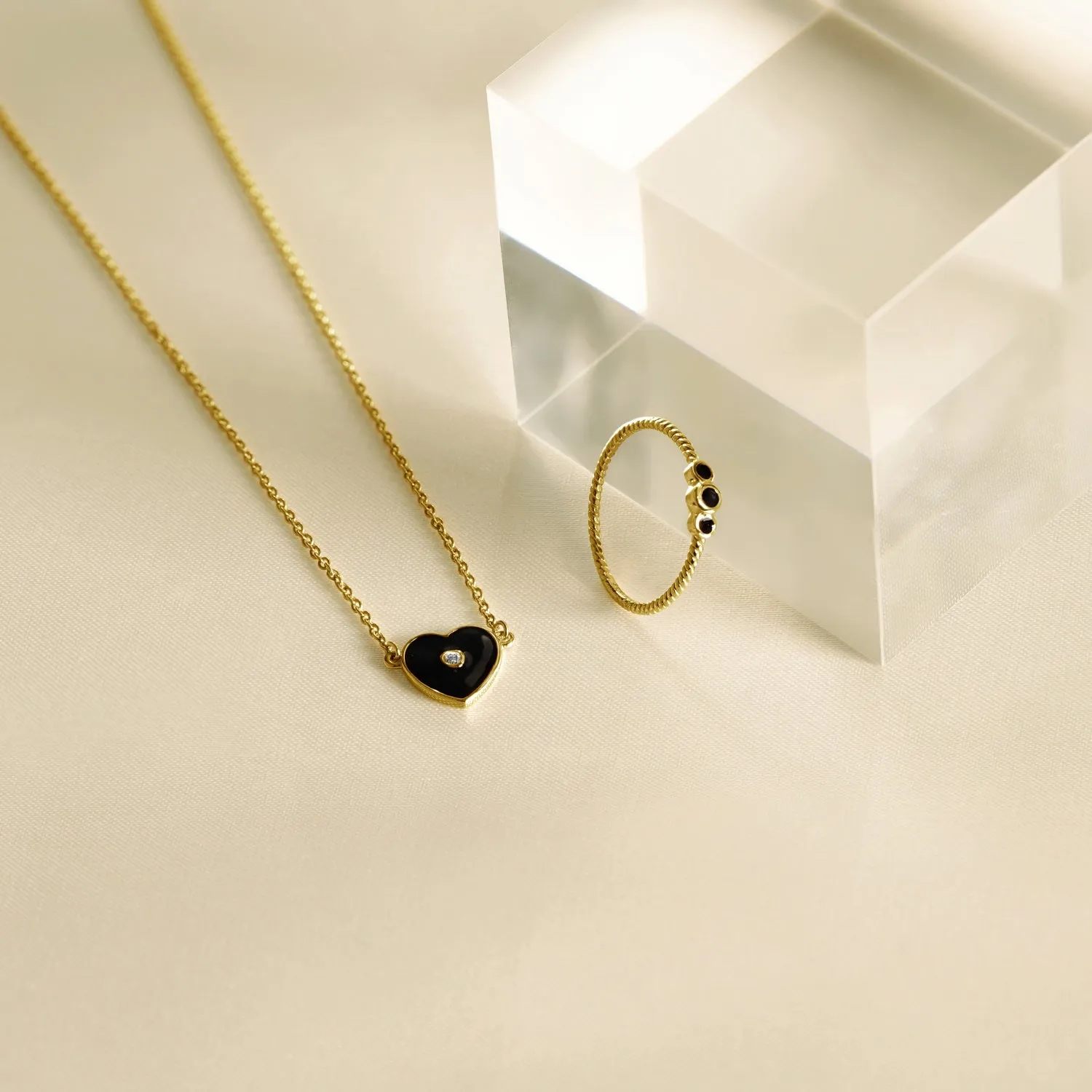 Black Enamel Heart Pendant Necklace with Accent