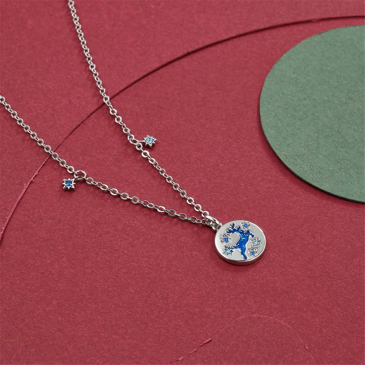 Blue Cubic Zirconia & Sterling Silver Reindeer Pendant Necklace