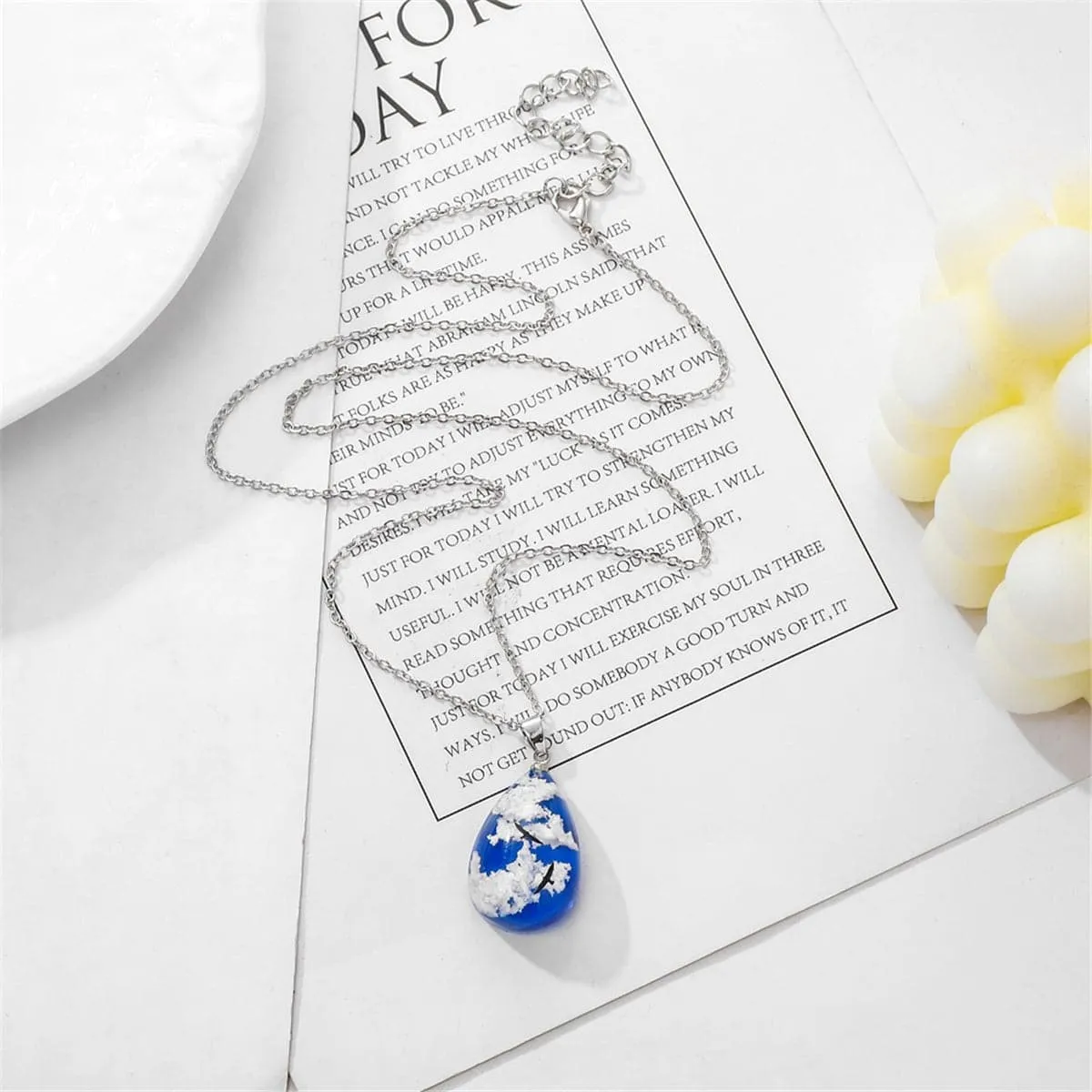 Blue Resin & Silver-Plated Bloud Teardrop Pendant Necklace