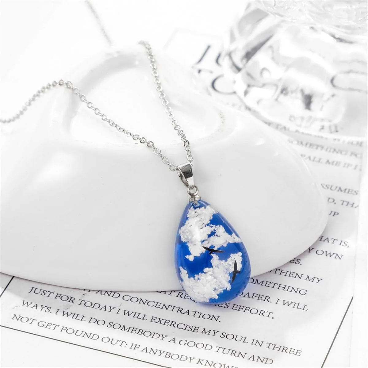 Blue Resin & Silver-Plated Bloud Teardrop Pendant Necklace