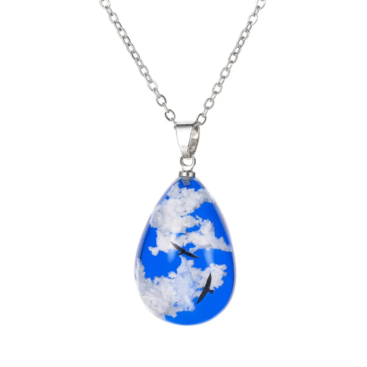 Blue Resin & Silver-Plated Bloud Teardrop Pendant Necklace