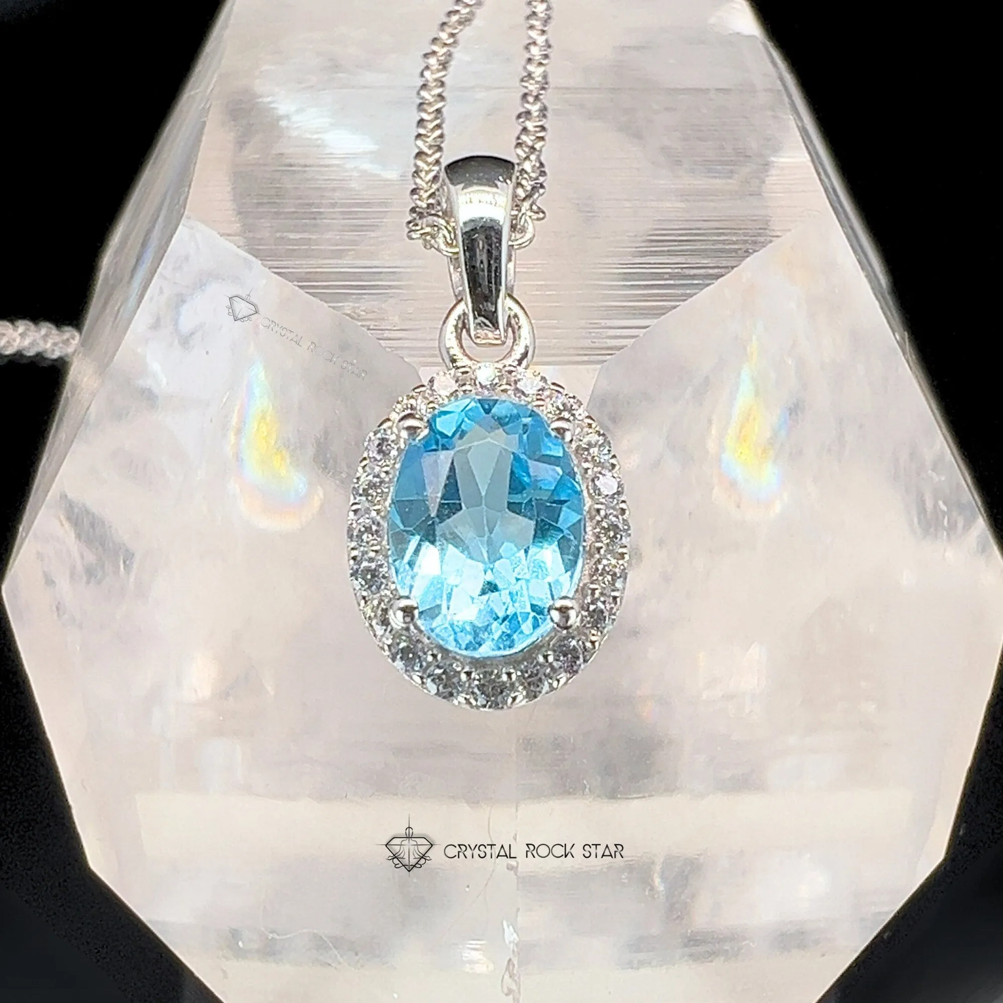 Blue Topaz Halo Sterling Silver Necklace