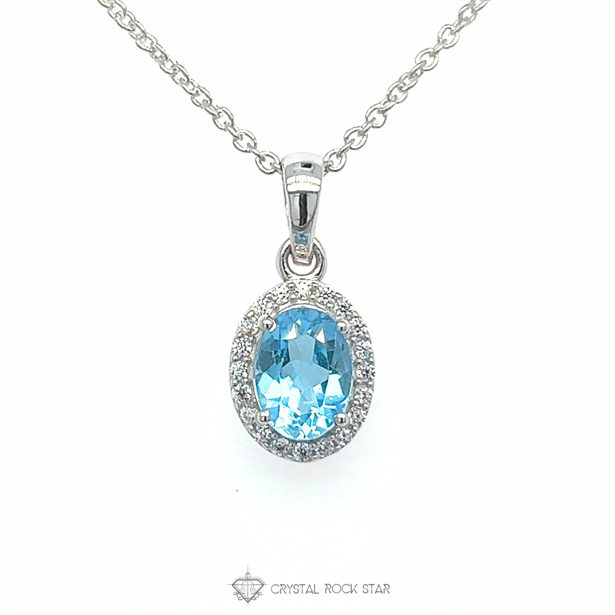 Blue Topaz Halo Sterling Silver Necklace