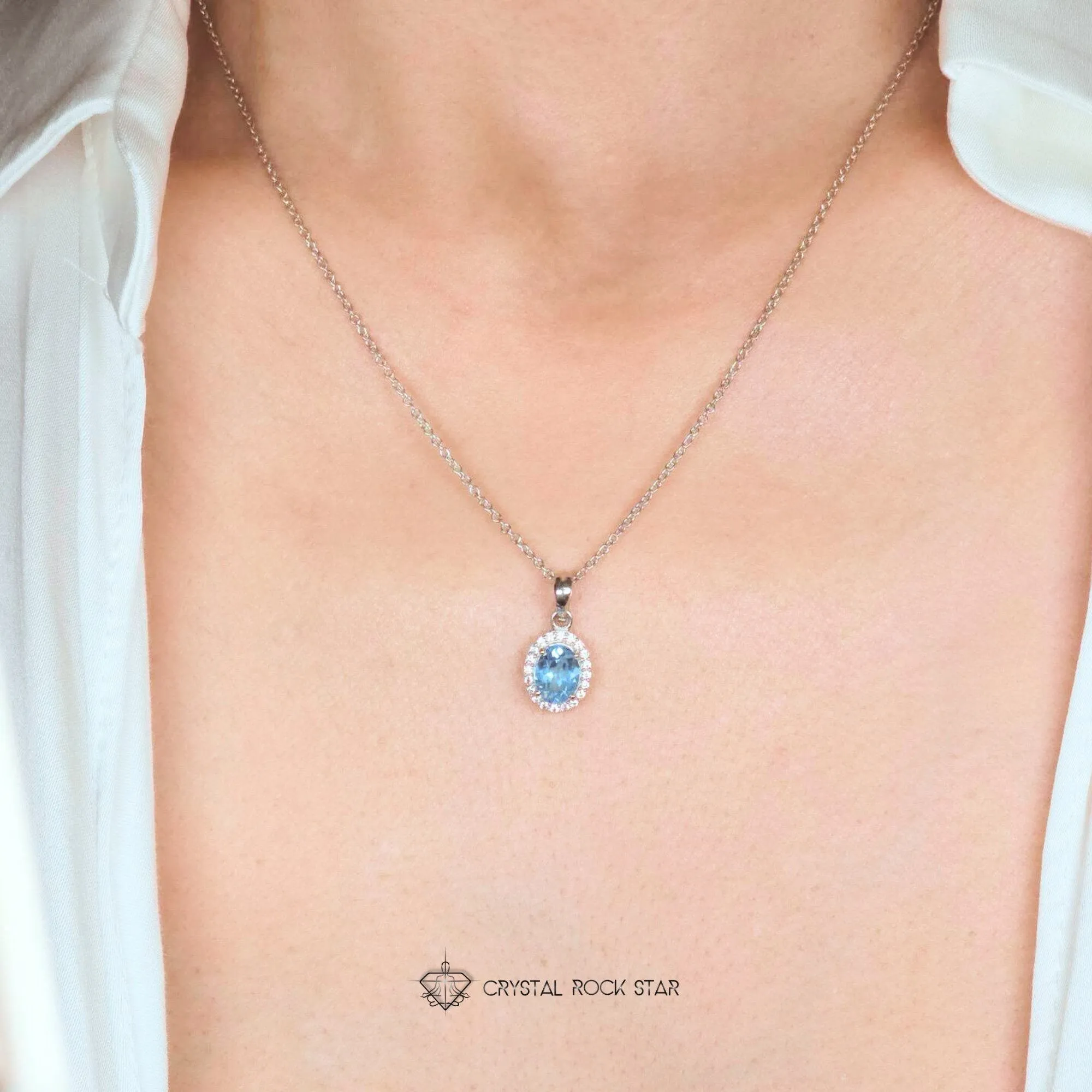 Blue Topaz Halo Sterling Silver Necklace