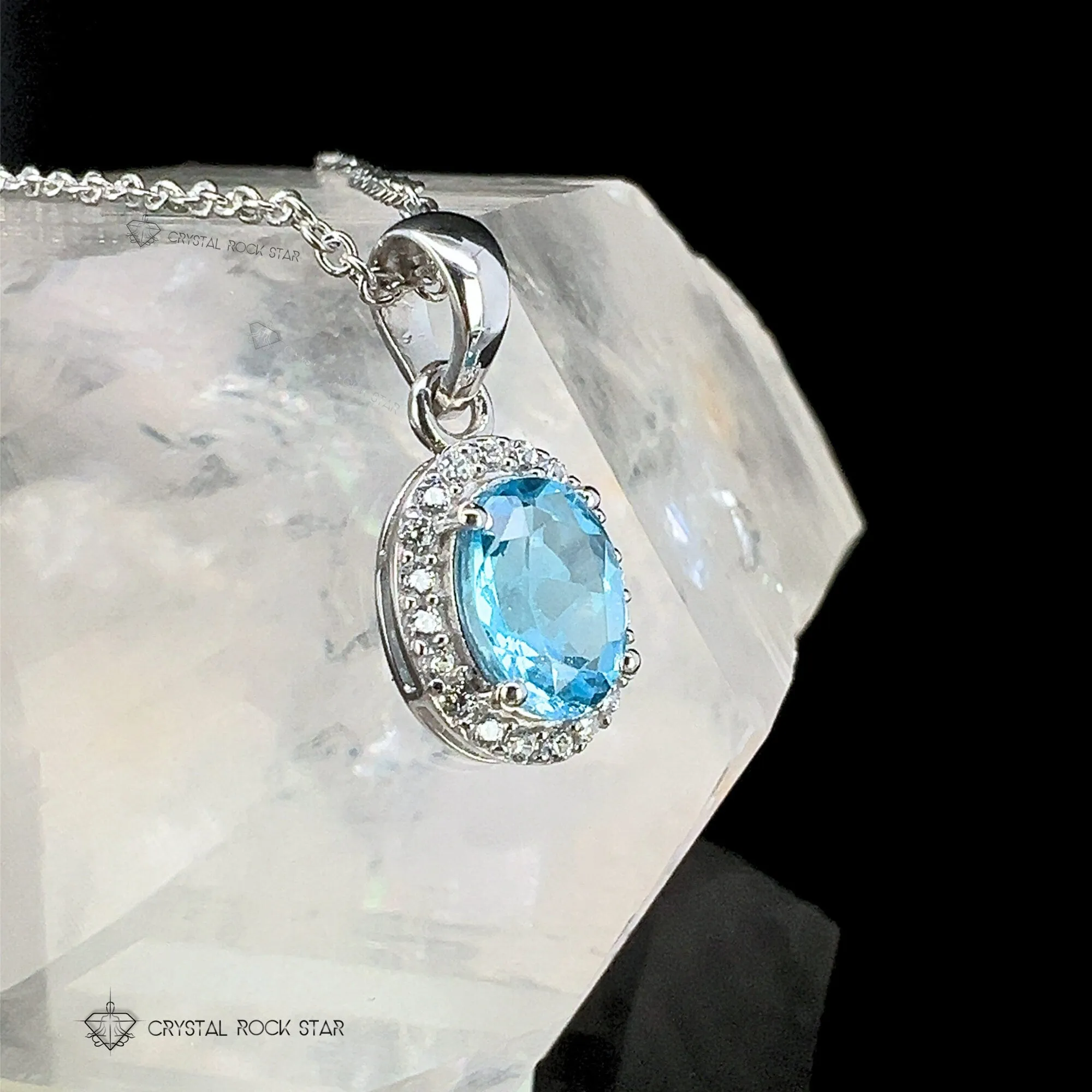 Blue Topaz Halo Sterling Silver Necklace
