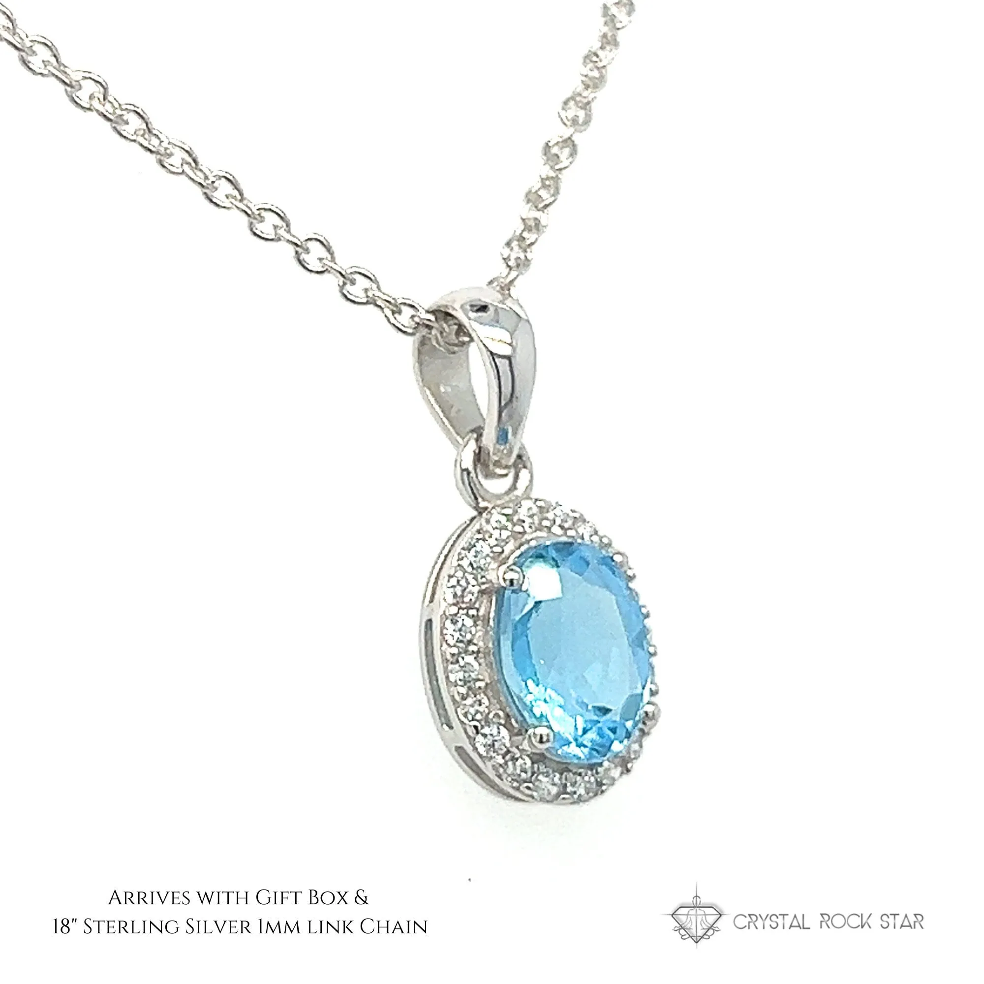 Blue Topaz Halo Sterling Silver Necklace
