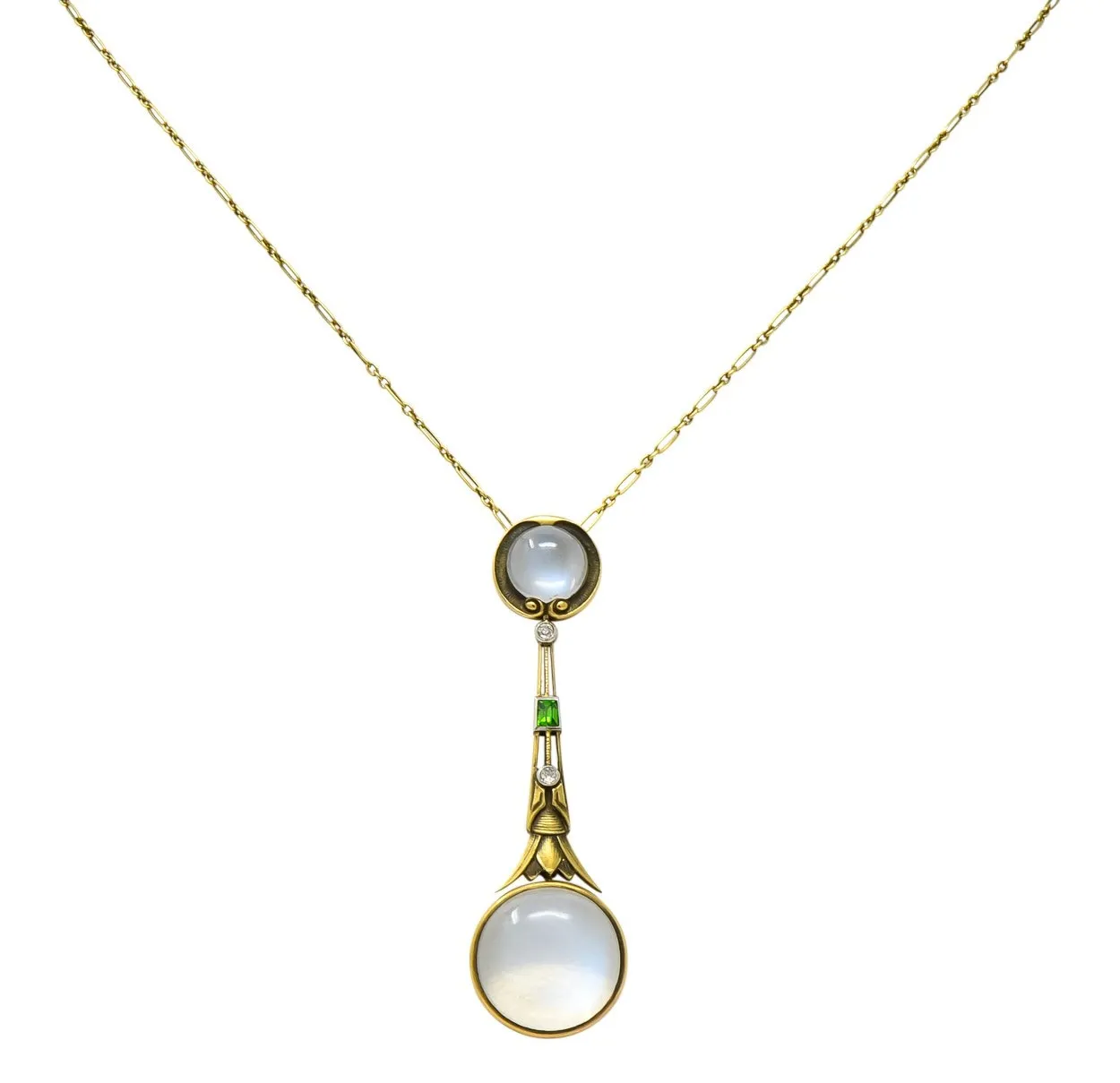 Brassler Co. Art Nouveau Moonstone Demantoid Garnet Diamond 14 Karat Gold Drop Necklace