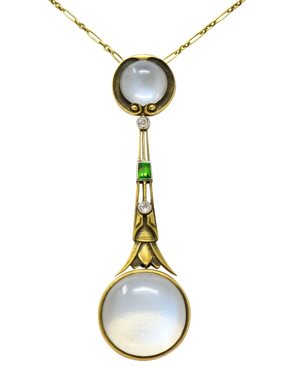 Brassler Co. Art Nouveau Moonstone Demantoid Garnet Diamond 14 Karat Gold Drop Necklace
