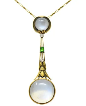 Brassler Co. Art Nouveau Moonstone Demantoid Garnet Diamond 14 Karat Gold Drop Necklace