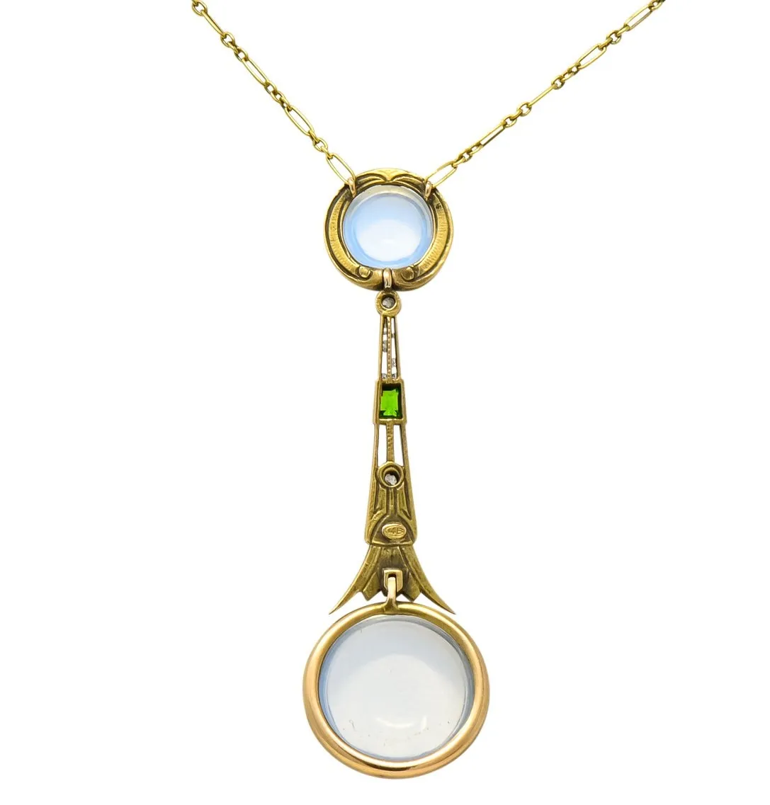 Brassler Co. Art Nouveau Moonstone Demantoid Garnet Diamond 14 Karat Gold Drop Necklace