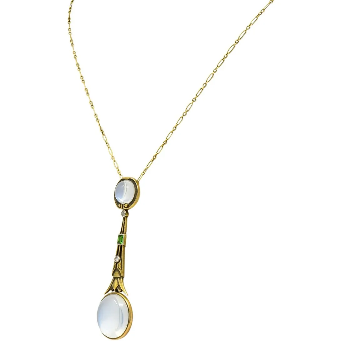 Brassler Co. Art Nouveau Moonstone Demantoid Garnet Diamond 14 Karat Gold Drop Necklace