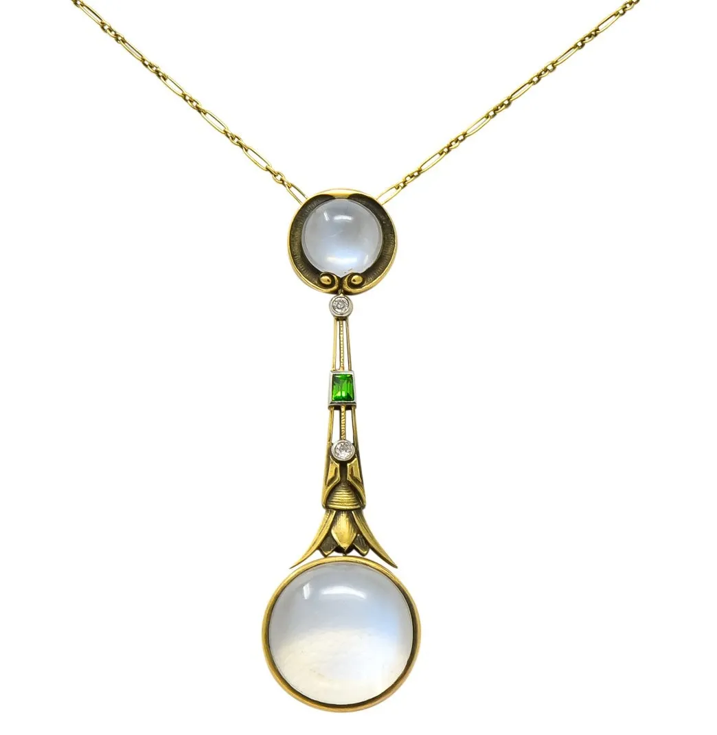 Brassler Co. Art Nouveau Moonstone Demantoid Garnet Diamond 14 Karat Gold Drop Necklace