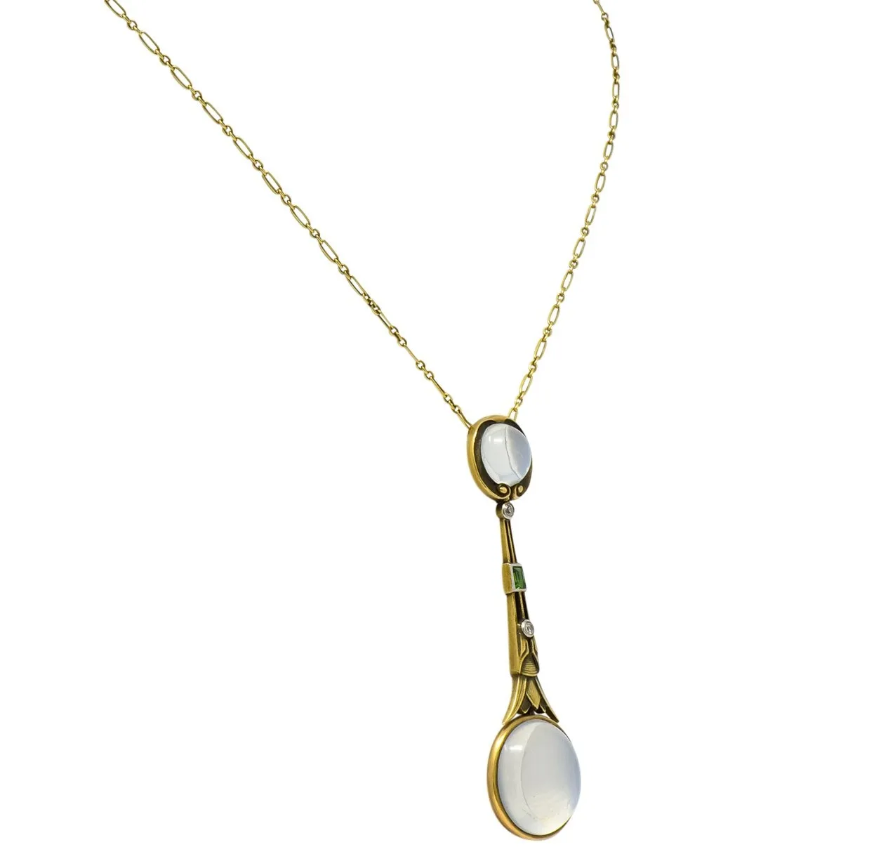 Brassler Co. Art Nouveau Moonstone Demantoid Garnet Diamond 14 Karat Gold Drop Necklace