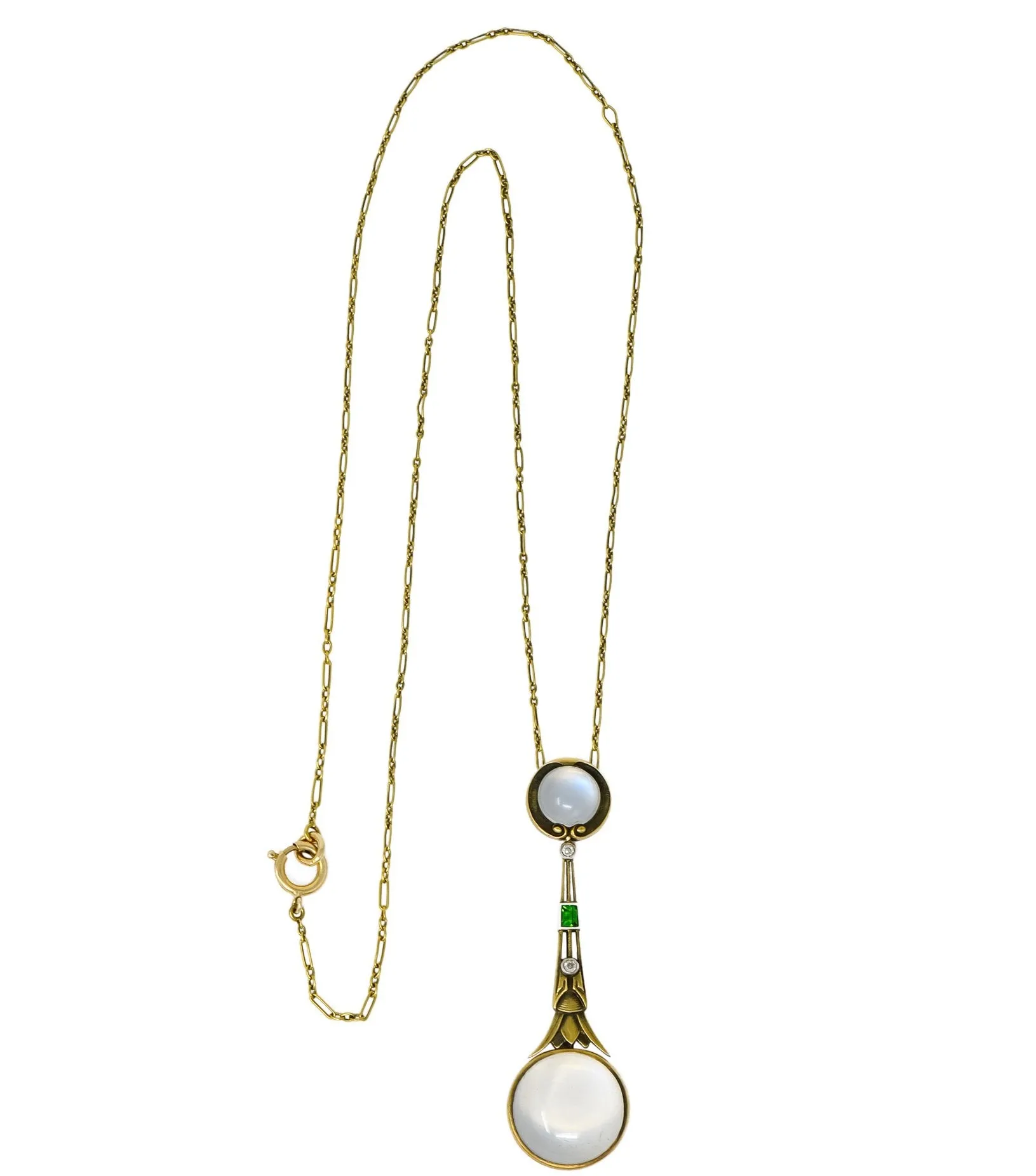 Brassler Co. Art Nouveau Moonstone Demantoid Garnet Diamond 14 Karat Gold Drop Necklace