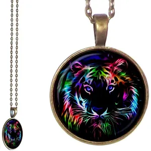Bronze glass dome Tiger face design bright artistic round pendant & lobster clasp chain