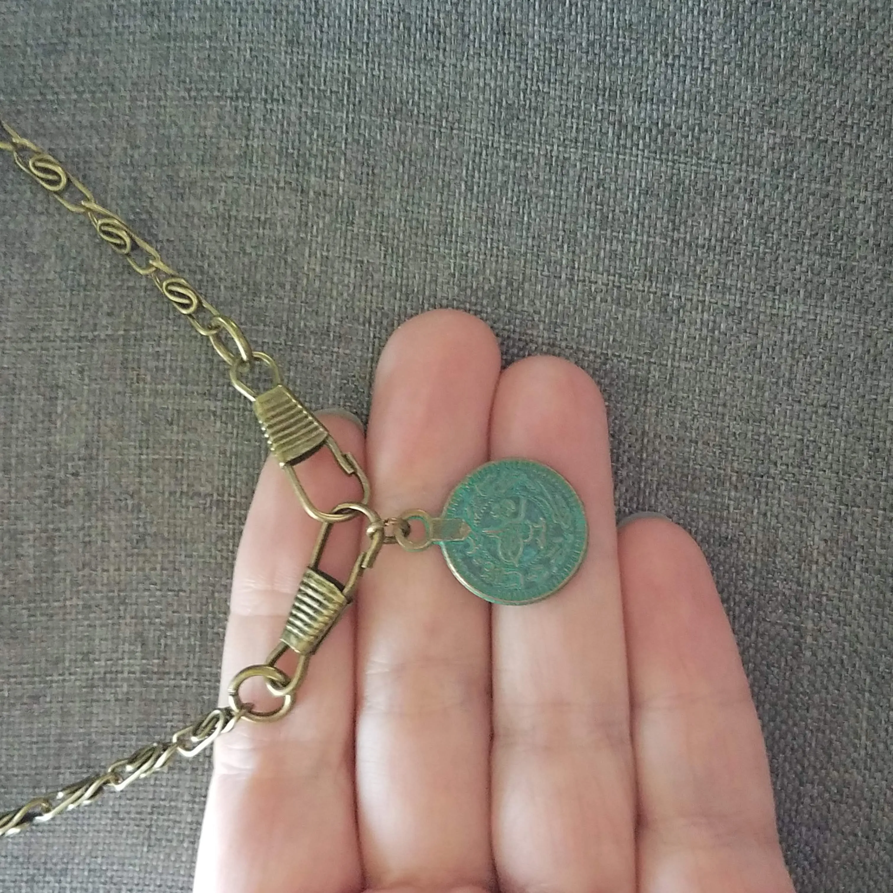 Bronze Medallion Coin Necklace, verdigris patina pendant, ancient coin charm, bronze paperclip chain, antique brass chain, twisted chain, turquoise coin, front clasp clips