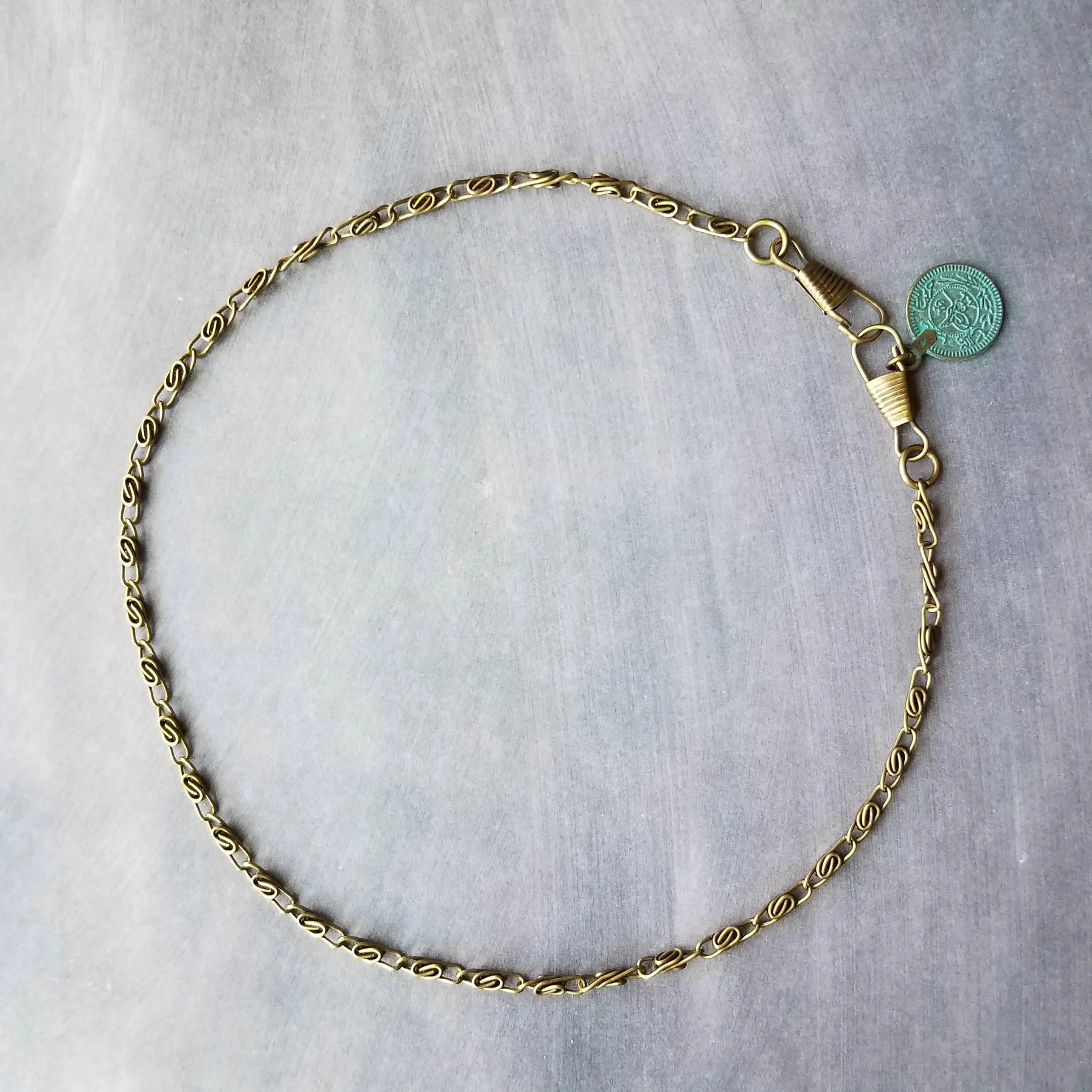 Bronze Medallion Coin Necklace, verdigris patina pendant, ancient coin charm, bronze paperclip chain, antique brass chain, twisted chain, turquoise coin, front clasp clips