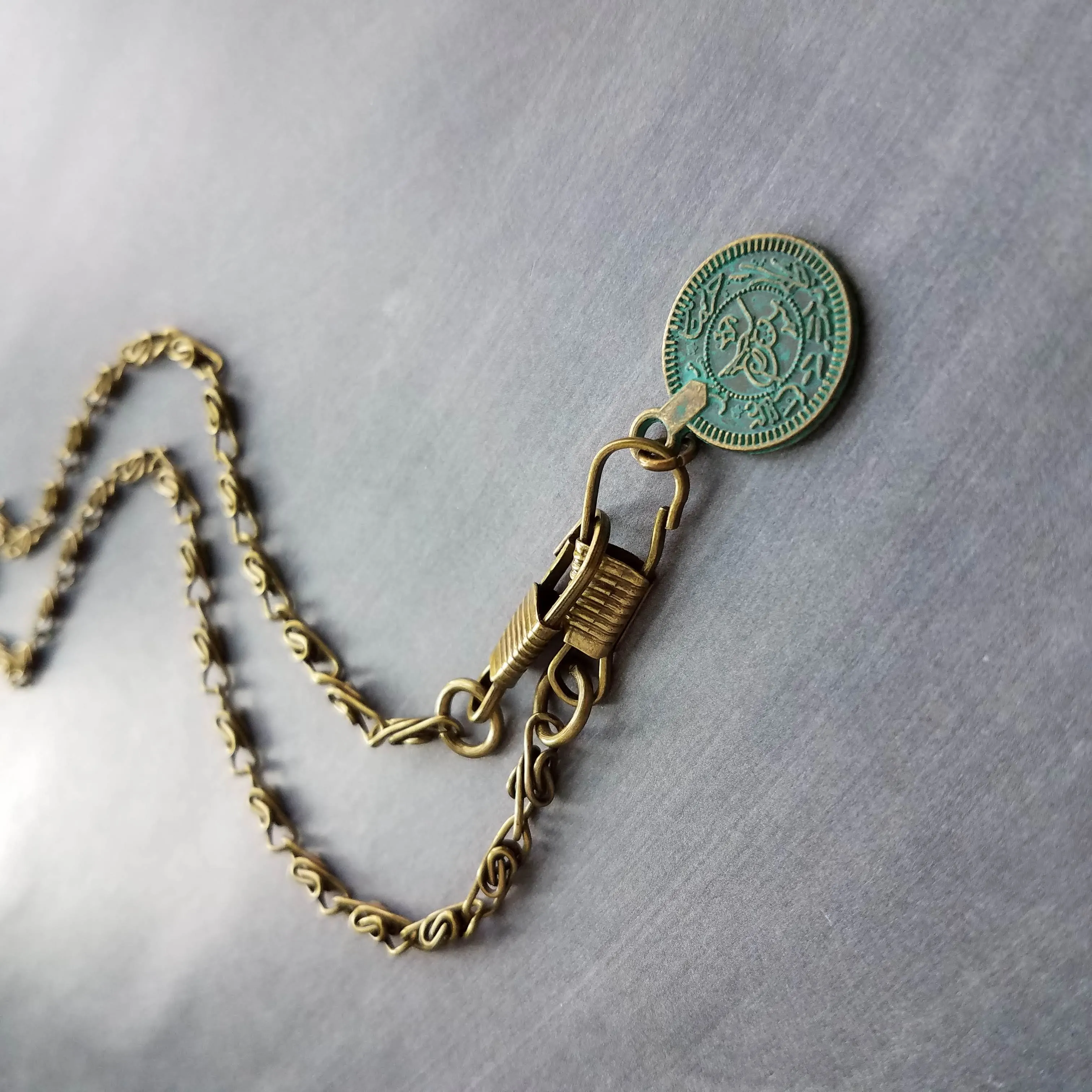 Bronze Medallion Coin Necklace, verdigris patina pendant, ancient coin charm, bronze paperclip chain, antique brass chain, twisted chain, turquoise coin, front clasp clips