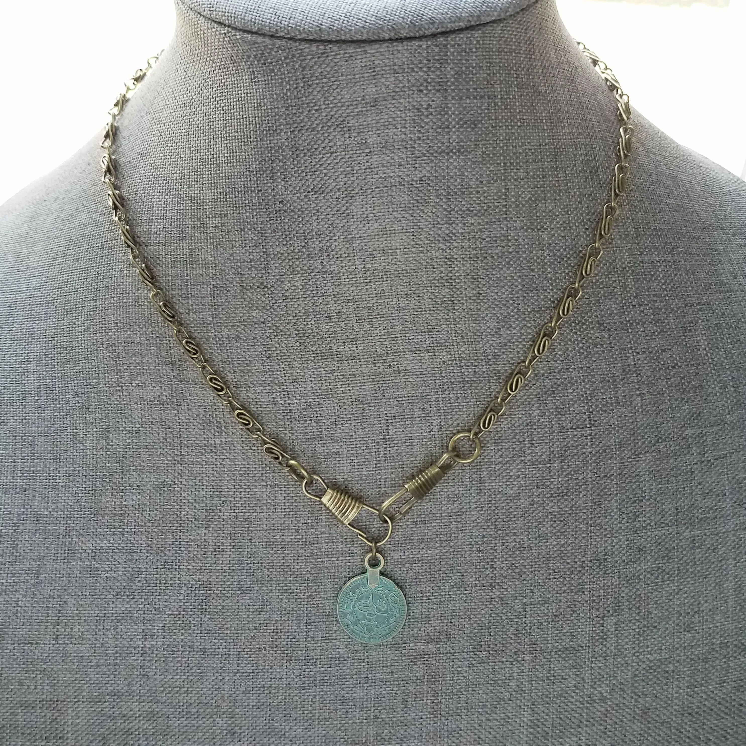 Bronze Medallion Coin Necklace, verdigris patina pendant, ancient coin charm, bronze paperclip chain, antique brass chain, twisted chain, turquoise coin, front clasp clips