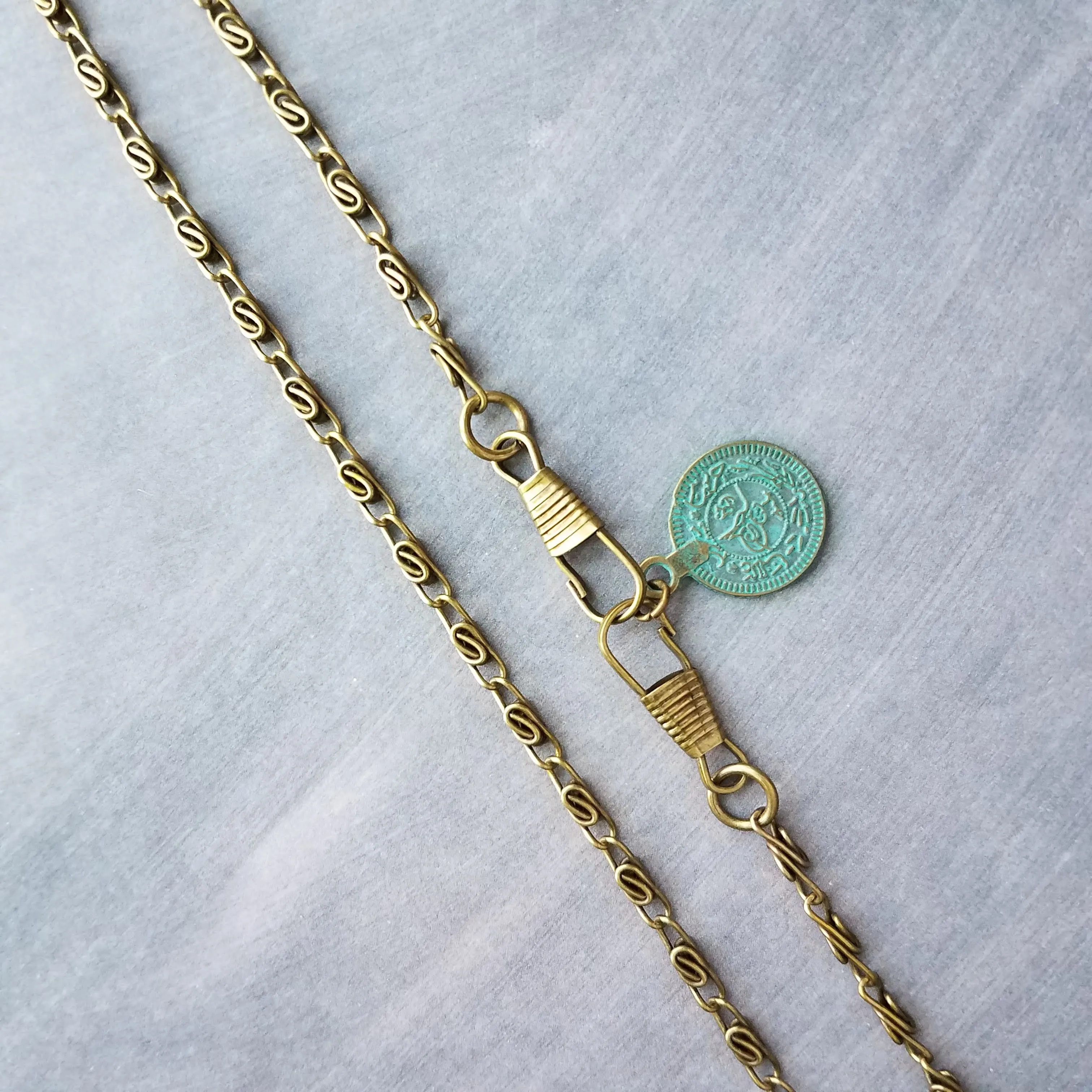 Bronze Medallion Coin Necklace, verdigris patina pendant, ancient coin charm, bronze paperclip chain, antique brass chain, twisted chain, turquoise coin, front clasp clips
