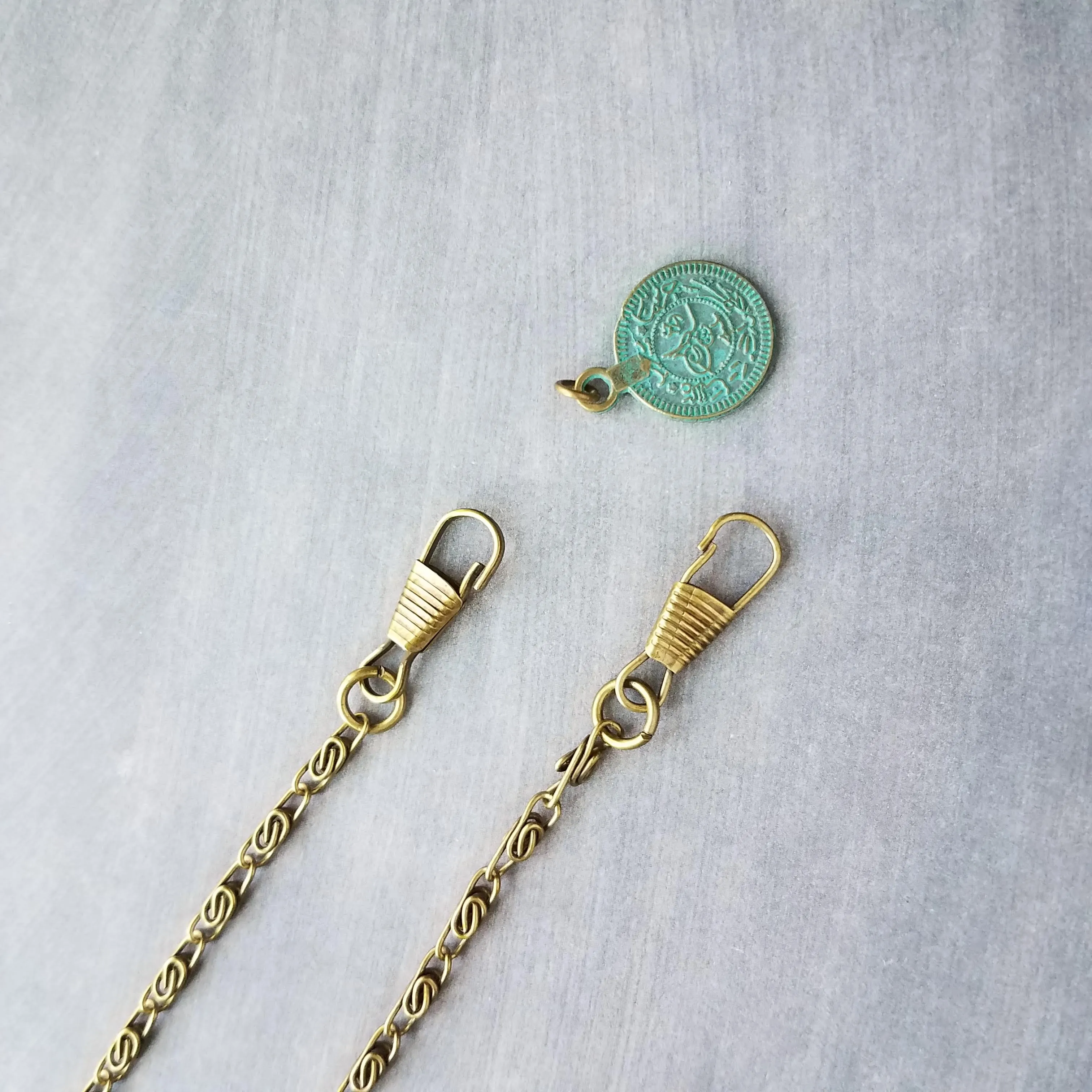 Bronze Medallion Coin Necklace, verdigris patina pendant, ancient coin charm, bronze paperclip chain, antique brass chain, twisted chain, turquoise coin, front clasp clips