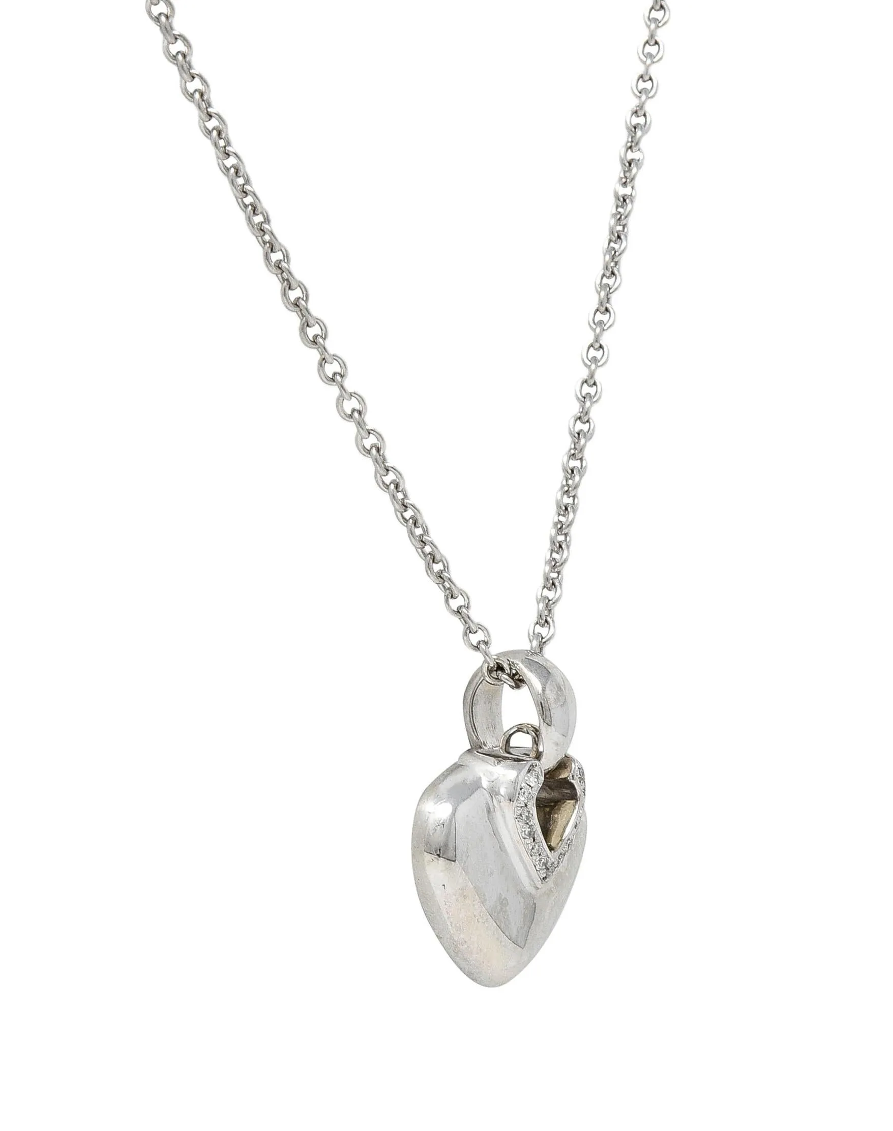 Bulgari 1990's Diamond 18 Karat White Gold Doppio Cuore Heart Vintage Pendant Necklace